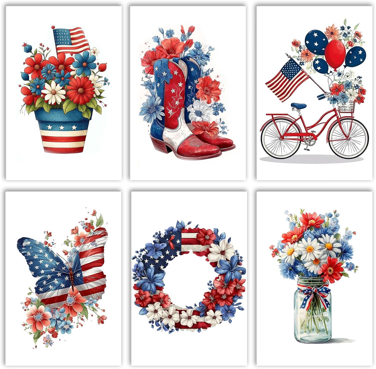 Aihonmin American Flag Theme 6 Pack Paint by Numbers for Adults Beginner Flowers Oil Painting Kits on Canvas with Brushes and Acrylic Painting Crafts DIY Home Wall Decor 8x11.8 Inch (Frameless)