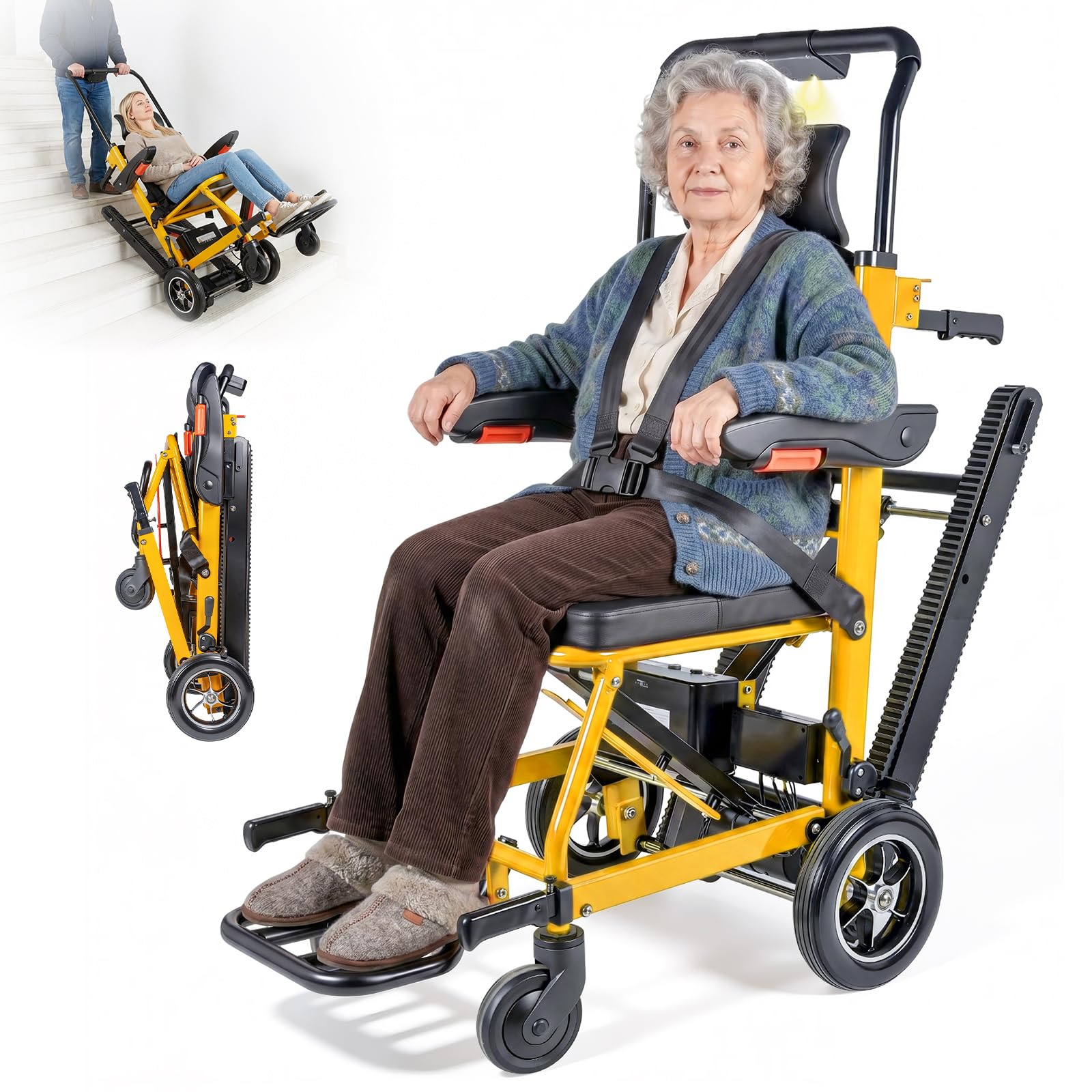 Elektrischer Treppensteiger Rollstuhl Faltbar mit Gummikette, 200KG Elektrischer Treppenlift Stuhl, Rollstuhl Faltbar Treppen Mobilitätshilfe mit LED, Medizinische Rettungstrage für Senioren (Gelb)