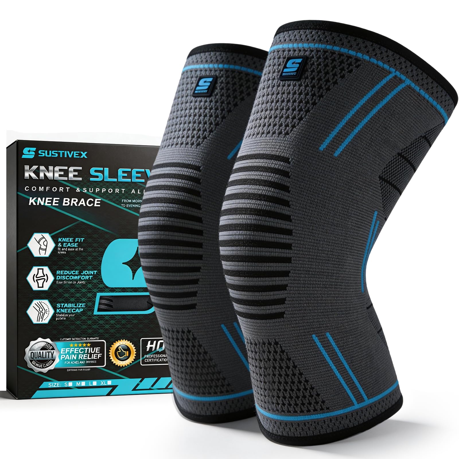 Pack de 2 Rodilleras, Antideslizante Rodilleras Crossfit, Aliviar el Dolor Articular, Knee Brace, Transpirable Rodillera para Gym, Voleibol, Baloncesto, Correr, Bicicleta, Unisex (Línea Azul-XL) - 1