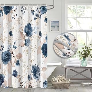 Aesthetic Blue Floral Shower Curtain Sets，Watercolor Gold Flowers Leaves Bathroom Decorative 72x72 Inch Polyester Waterproof Fabric Bath Curtain with Hooks
