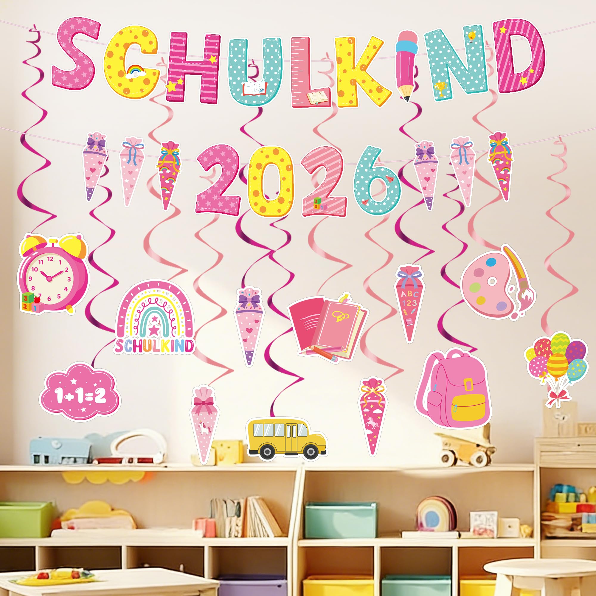 Einschulung Deko 2026 Schulkind Banner Girlande mit Hängedeko, Einschulung Mädchen Dekoration mit Schultüte Schulanfang Party Deko Set (Rosa Gelb)