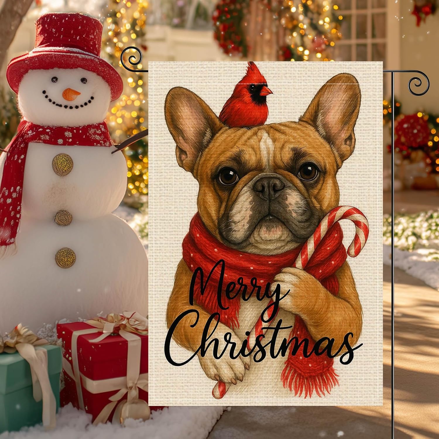 Merry Christmas Dog Garden Flag Double Sided 12x18 Inch Burlap Holiday Garden Flag French Bulldog with Red Scarf Seasonal Banner for Indoor and Outdoor Decoration Yard Lawn Decor - Image 6