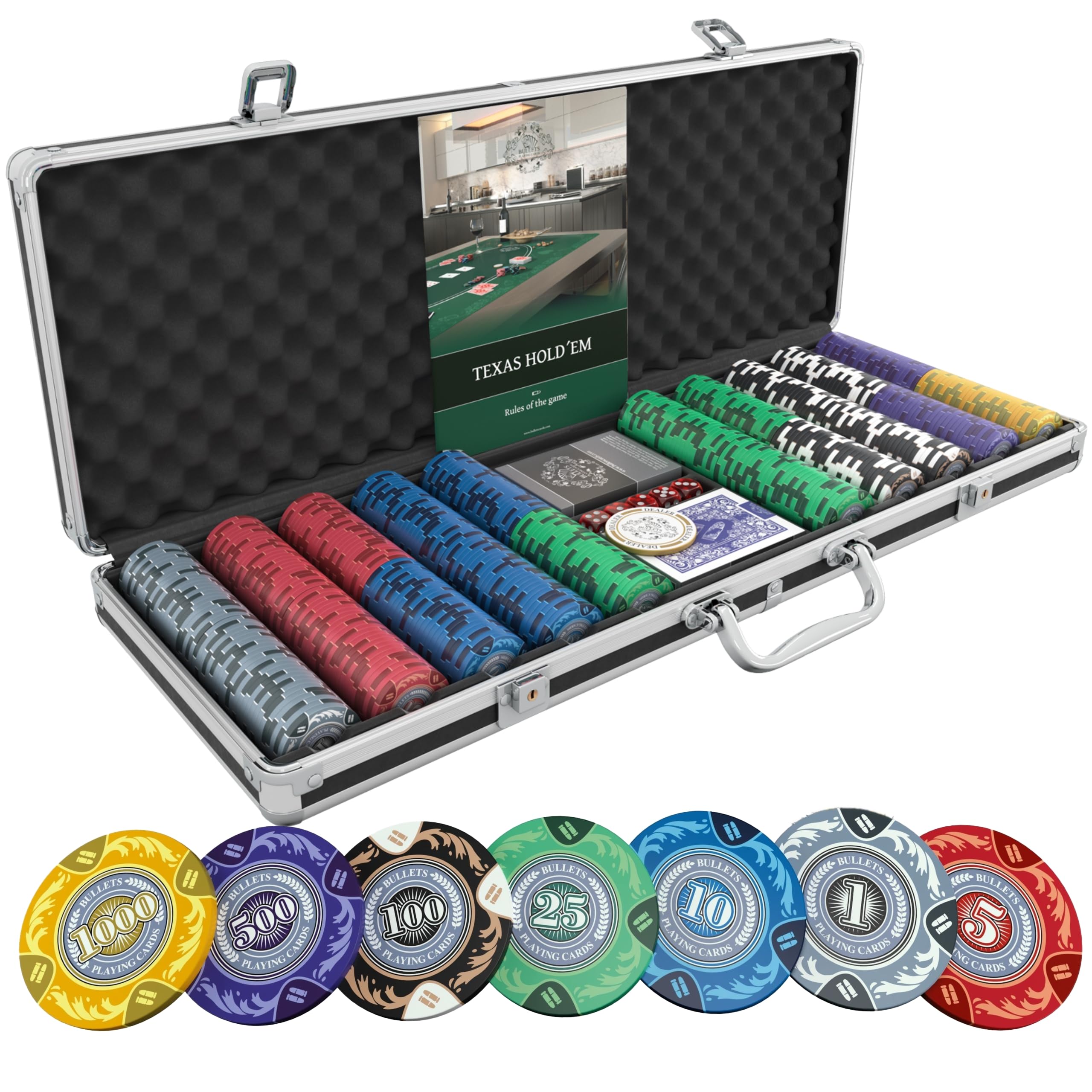 Bullets Playing Cards, Maletín de Poker «Tony», 500 fichas de Arcilla, 2 Juegos de Cartas Azul y Rojo, 5 Dados, 1 botón de Distribuidor de cerámica, 1 folleto con Las Reglas del Juego