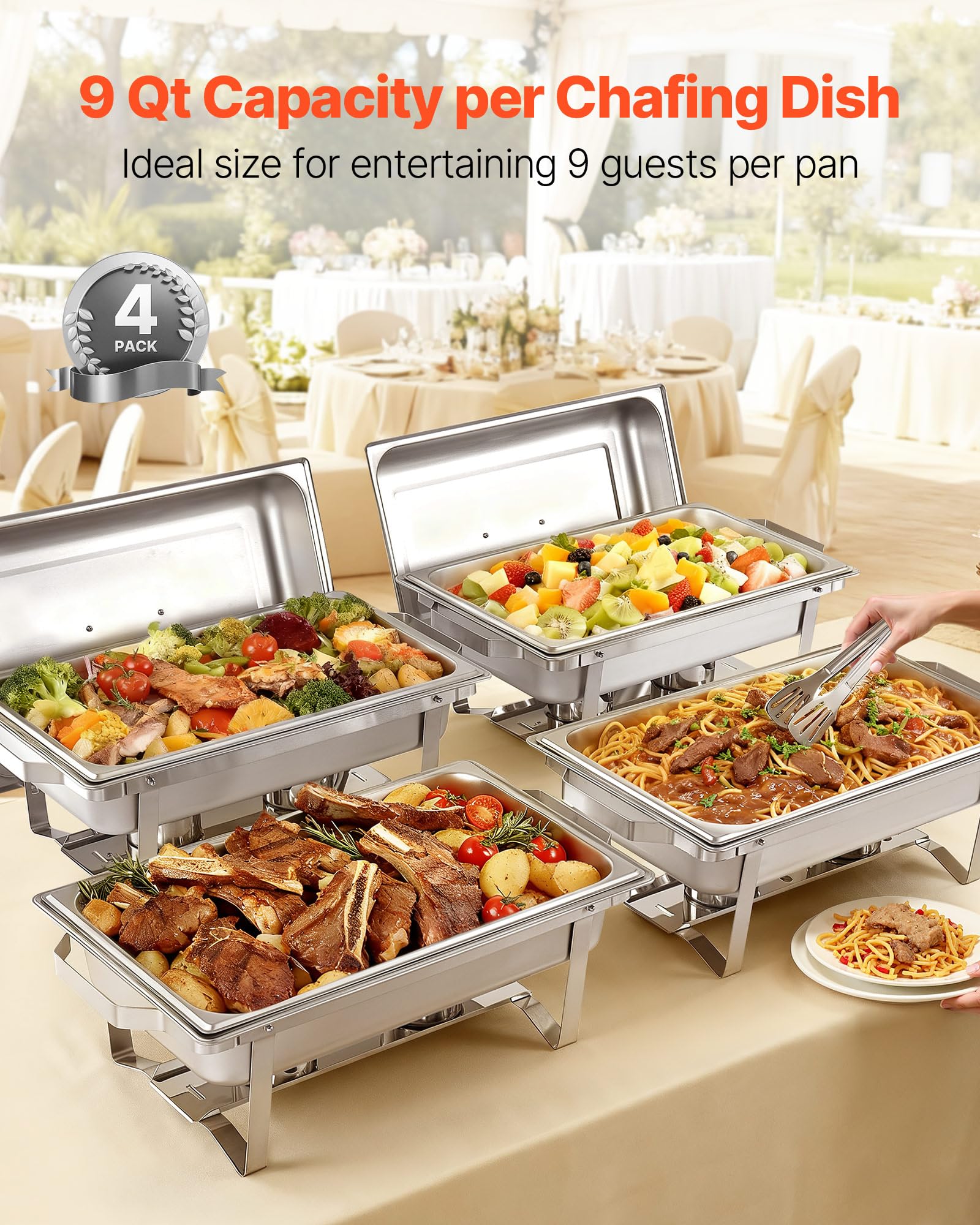 VEVOR Set di Scaldavivande Rettangolari da 8,5 L 4 Pezzi Contenitori Riscaldanti per Buffet con Manico e 2 Pinze per Alimenti e Coperchio e Porta Combustibile, Adatti per Banchetti, Feste, Matrimoni