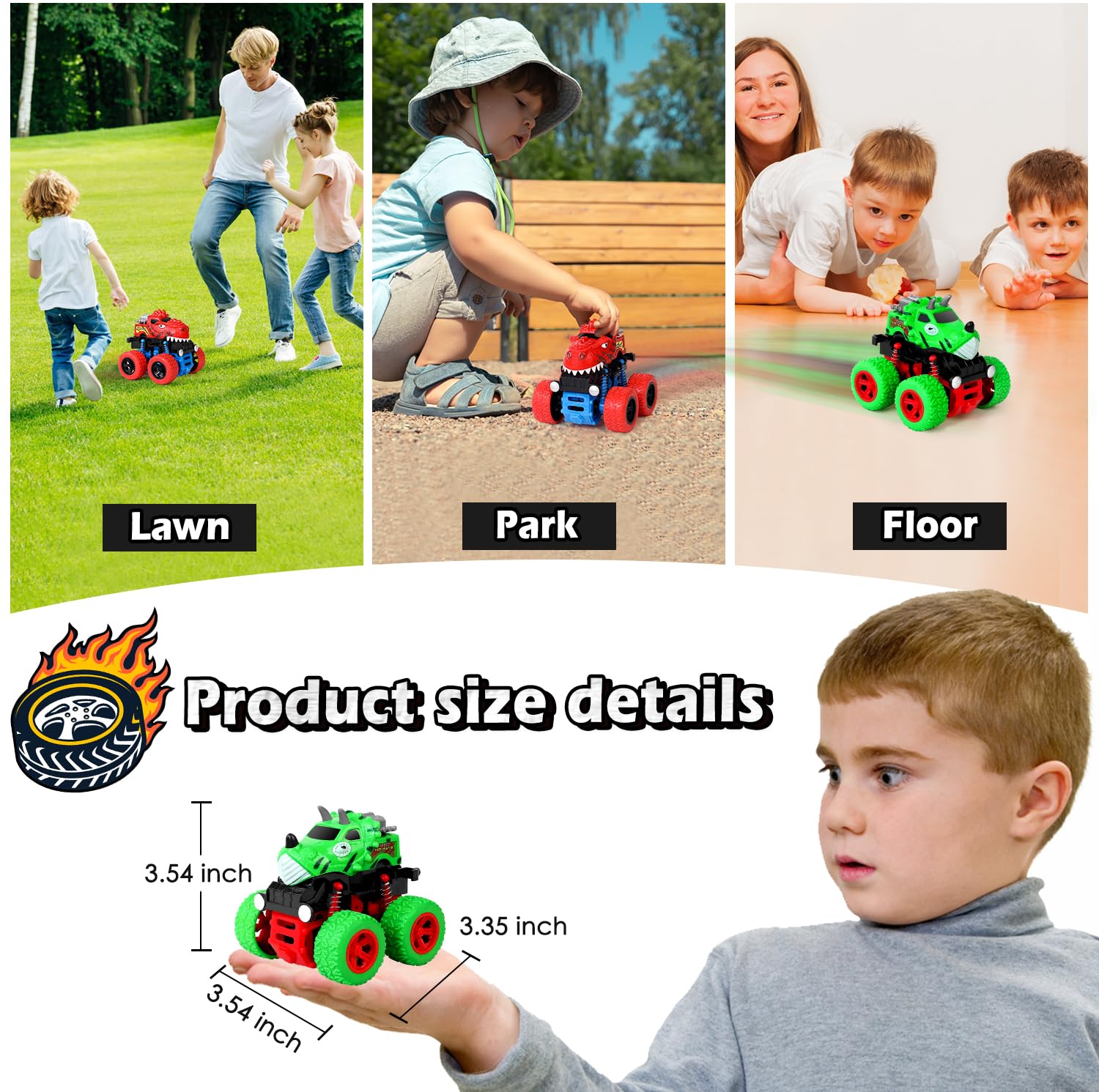 Juguetes de dinosaurio para niños de 3, 4 y 5 años, camiones monstruos para niños de 3 a 4 a 5 años, 4 ruedas de tracción duraderos, autos de fricción alimentados para niños de 3 a 5 años, regalos de 5