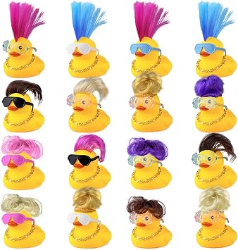 HAVAGDTM 16 Set Mini Duck Toys with Wig Necklace and Sunglasses Cute Mini Duck Figurines for Kids Teens Birthday Baby Shower Party Favors Classroom Prizes and Party Decorations