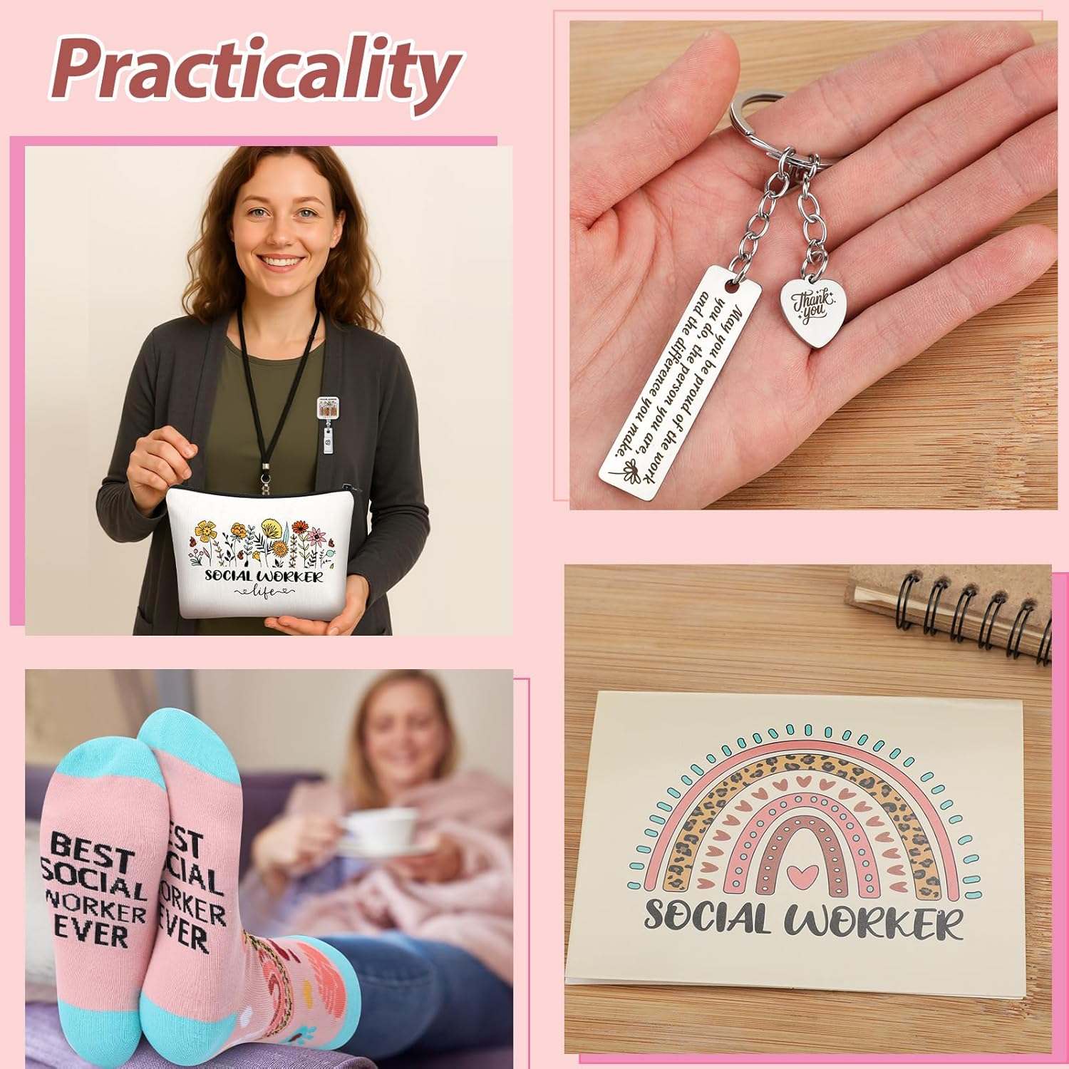 Skylety 9 Pcs Social Worker Gift Set for Women Trapezoid Grocery Canvas Tote Bags with Handle Glass Jar Tumbler Scented Candle Badge Reel Socks Novelty Appreciation Gift - Image 3