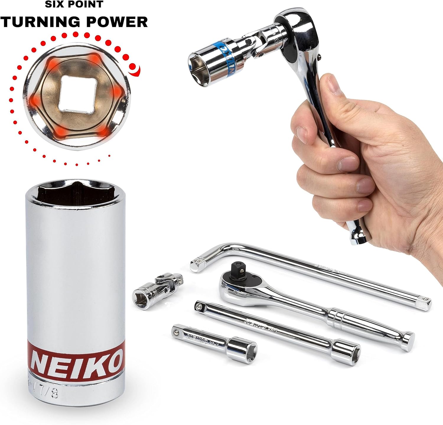 NEIKO 02512A 3/8” Drive Socket Set with Quick Release Ratchet (90 Tooth), 43 Piece Standard and Deep Metric Sizes, 6mm to 24mm, 6 Point, Universal Joint, 3/8” Extension Bars, Made with CR-V Steel