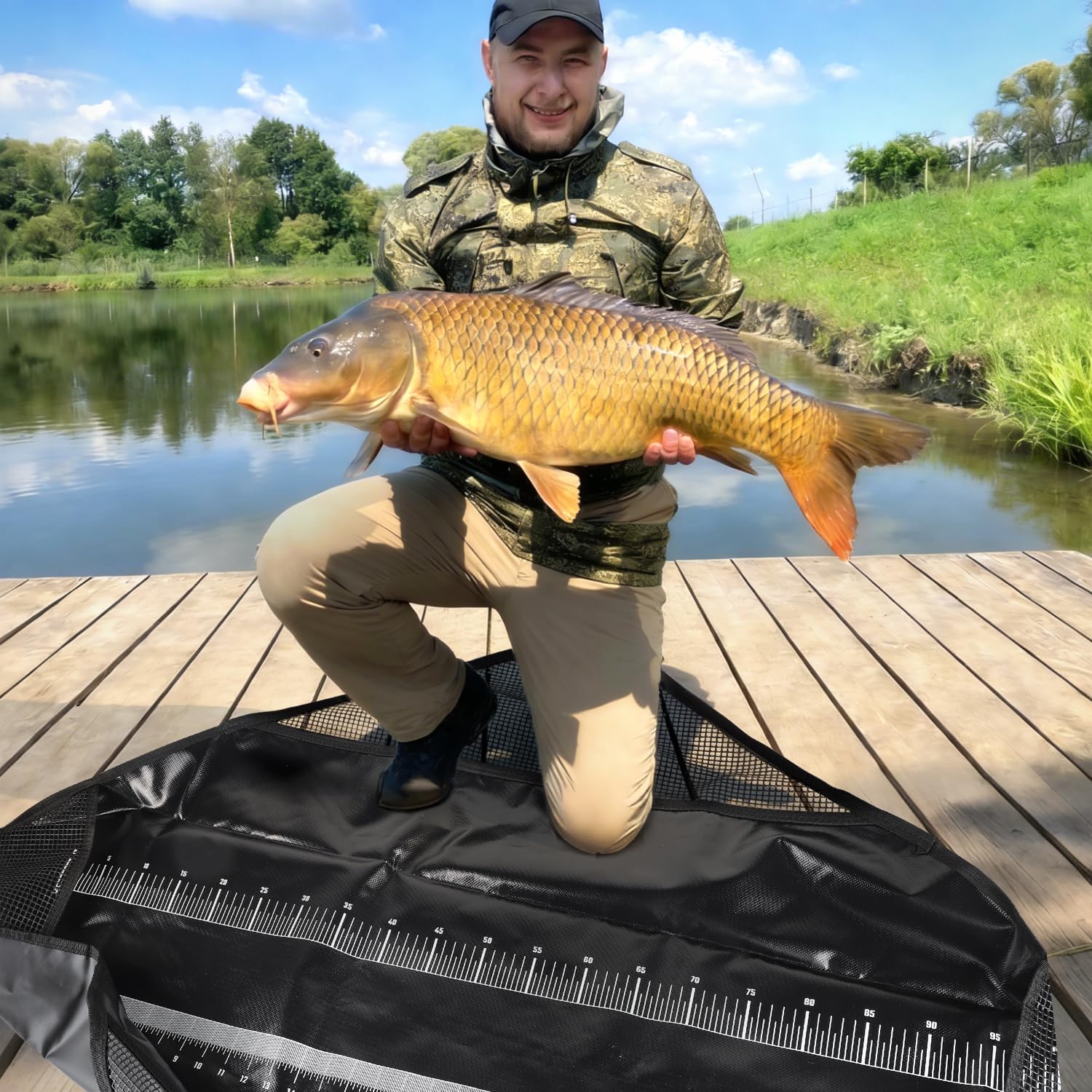 Tappetino da Sgancio con Metro 120x 65cm Tappetino da Pesca Pieghevole PVC Borsa Impermeabile per Pesare,Pesci Tappetino Atterraggio con Maniglie per Persici Grossi,Carpe,Pesci Gatto,Predatori
