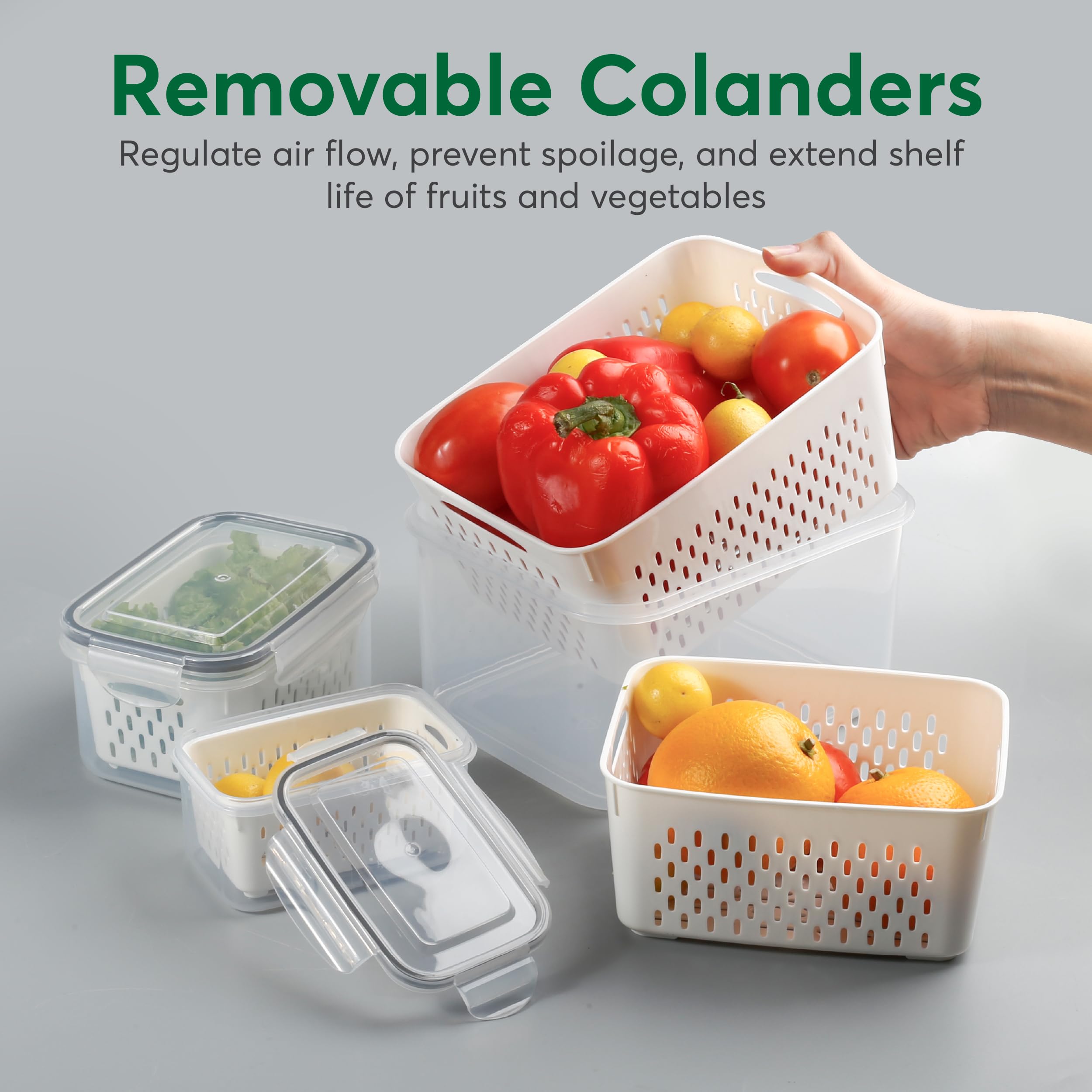 5 contenitori per frutta per frigorifero con scolapasta, lavabili in lavastoviglie, a prova di perdite, in plastica senza BPA, per conservare frutta e verdura fresca