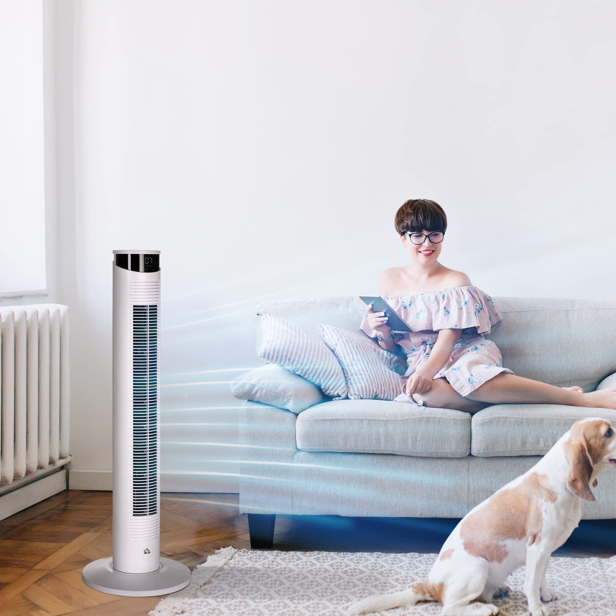 HOMCOM Ventilatore a Torre 45W a 3 Modalità e 3 Velocità con Timer da 12h, Ventilatore da Terra in ABS e Alluminio con Telecomando, Ø31.5x93 cm, Bianco