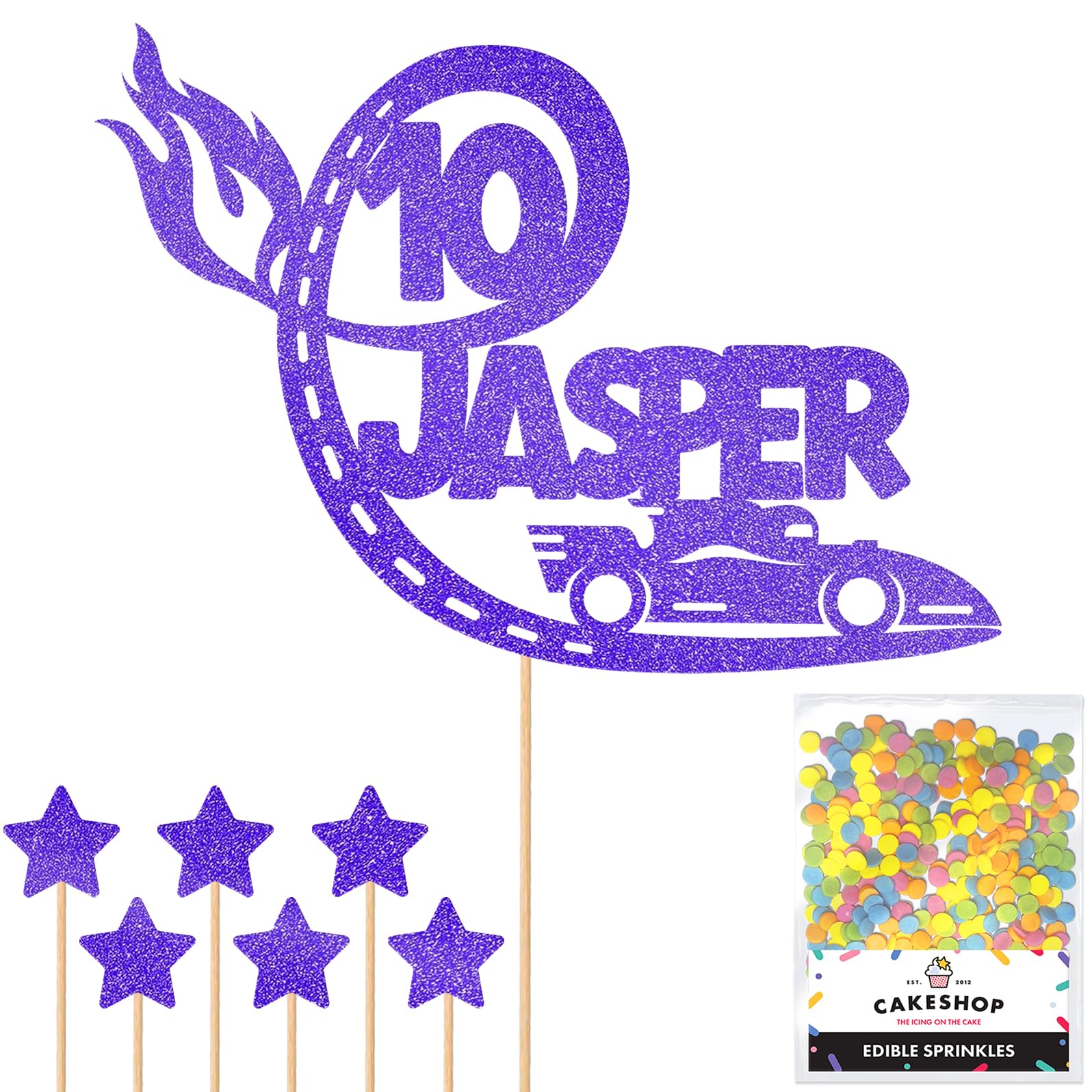 Personalised F1 Motor Racing Car Glitter Cake Topper - Bright Blue Custom Age & Name Glitter Cake Decoration and Sprinkles - Happy Birthday Decorations - Personalised Toppers for Cakes by Cakeshop