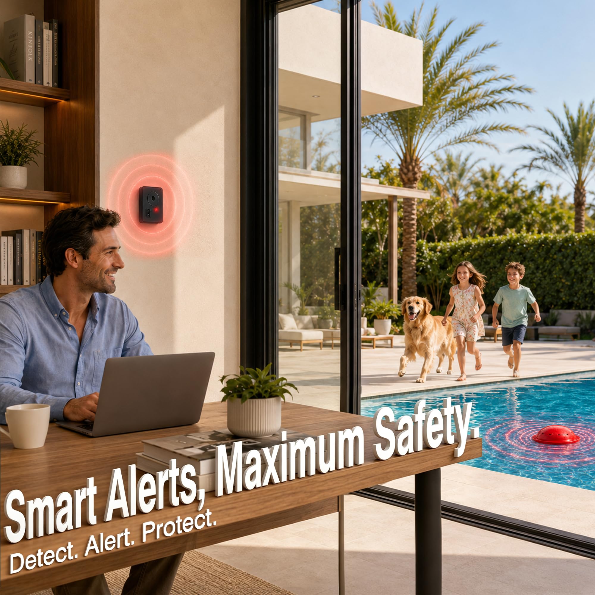 Allarme per piscina, allarme di sicurezza per piscine interrate e fuori terra, sensibilità regolabile, allarme 85 dB+, protezione per bambini e animali domestici (rosso)