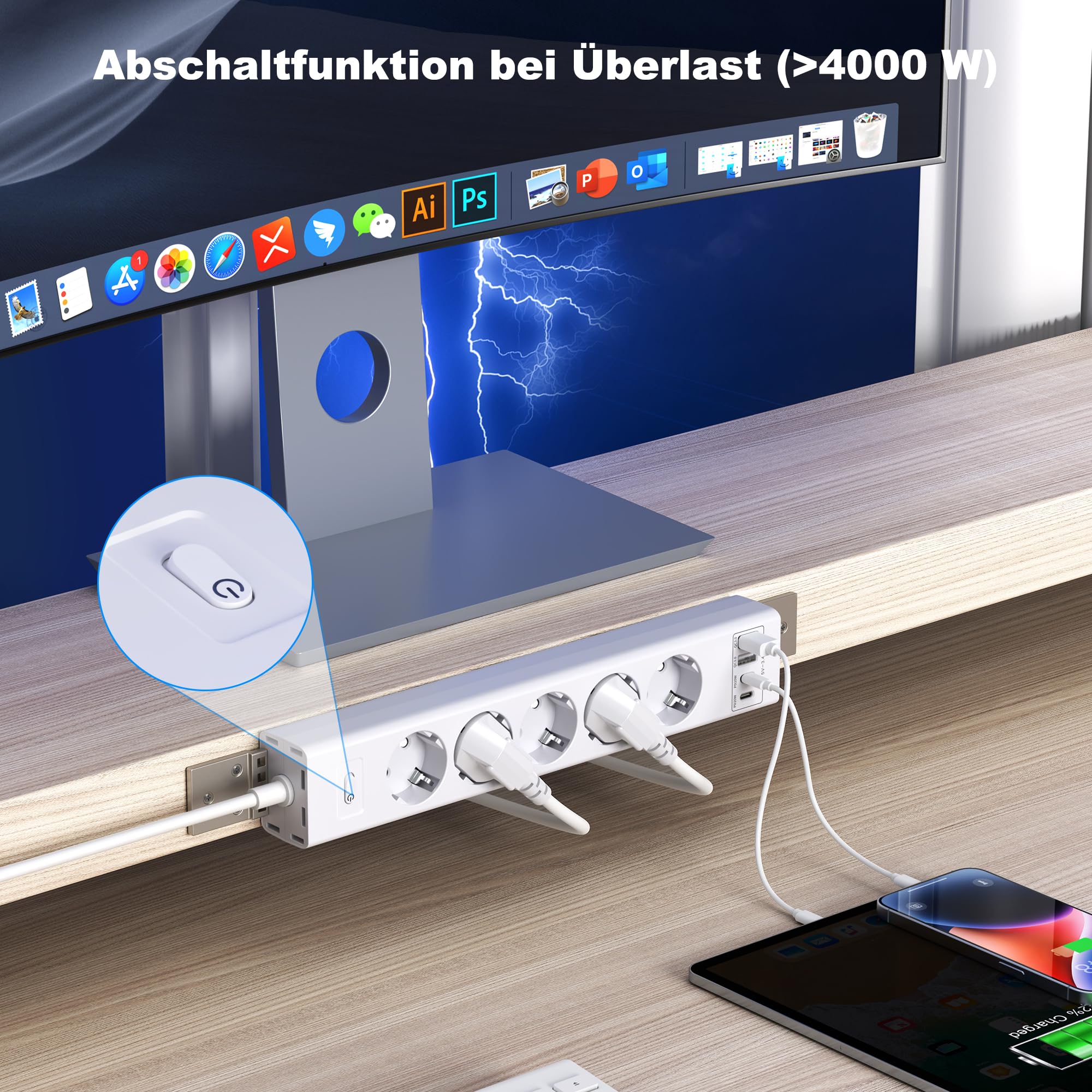 Ciabatta elettrica con 5 prese con porte USB, cavo da 2 m, colore bianco.