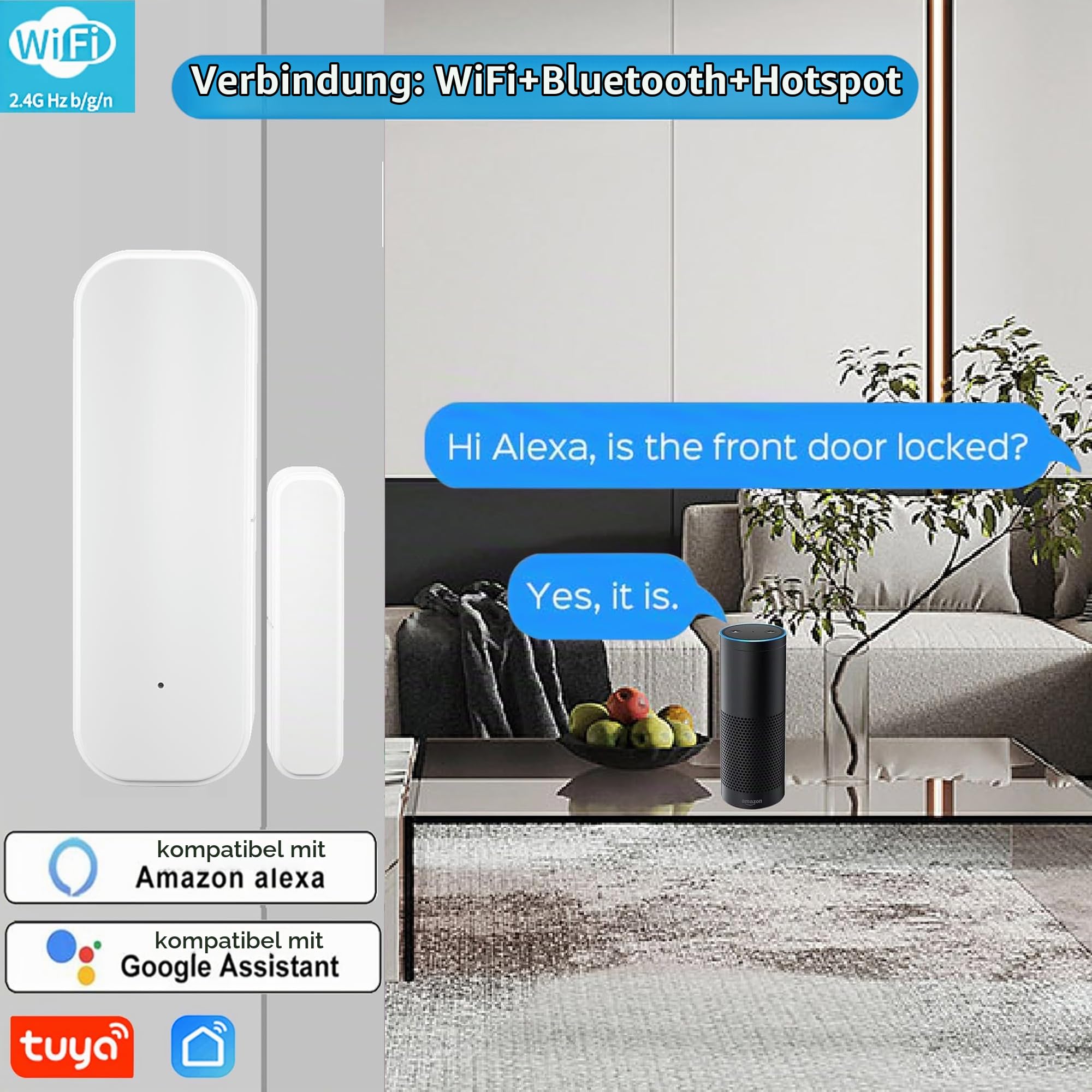 Tuya intelligenter Tür-/Fenster Sensor, kabelloser Fenstersensor, Echtzeit-Alarm, kompatibel mit Alexa Google Assistant, Sicherheitstür, offener Kontaktsensor für Geschäftseinbrecheralarm (4 Stück)
