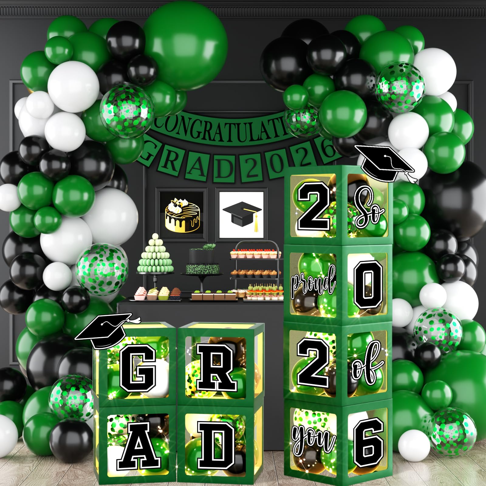 Photo 1 of 2026 Graduation Decorations,4 Pieces Green Graduation Balloon boxes with Letters GRAD 2026 So Proud of You Party Supplies for College,High School,Prom Celebrations