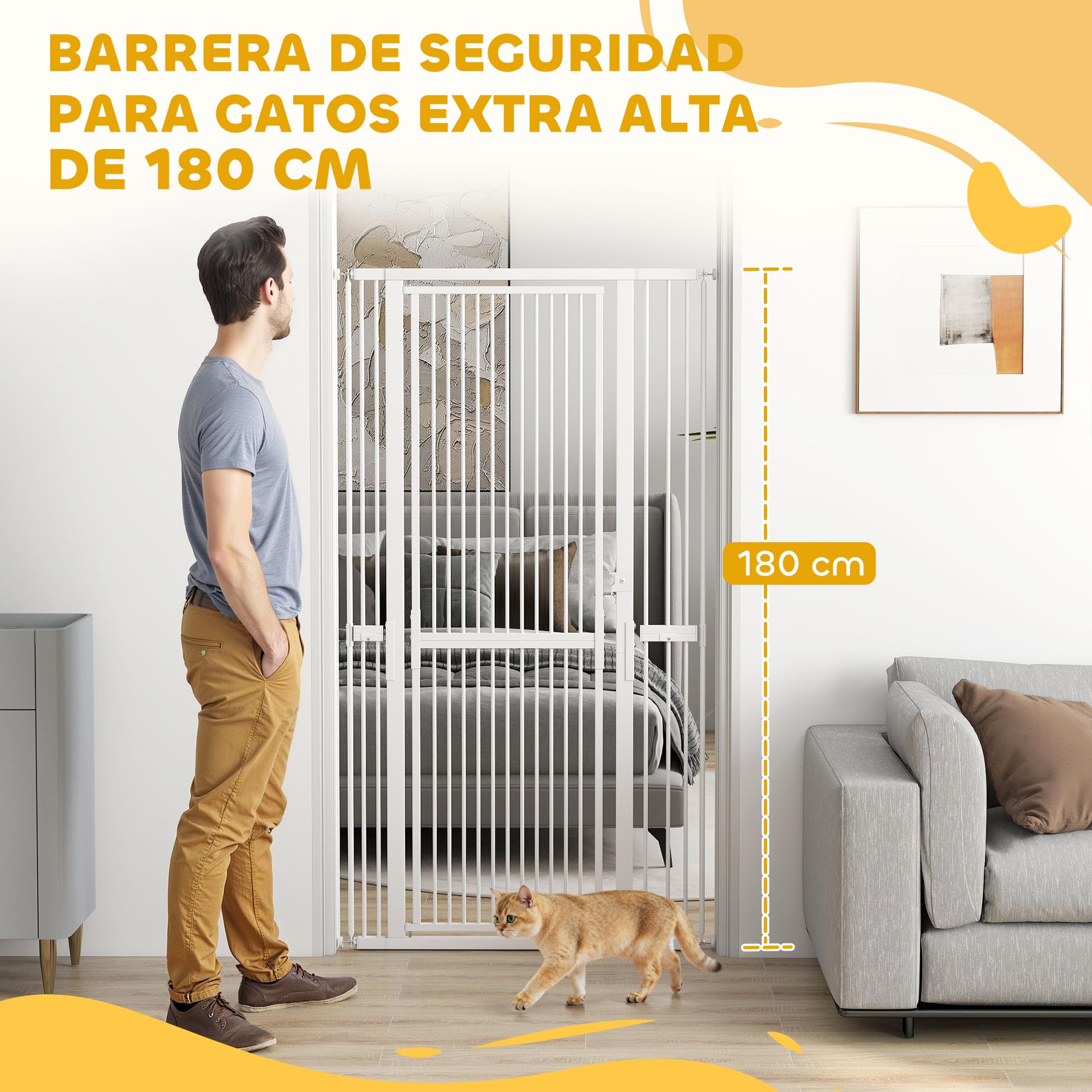 PawHut Barrera de Seguridad para Perros y Gatos Extra Alta 180 cm, Barrera para Perros Extensible 77-104 cm, Separación 3,5 cm, para Puertas y Escaleras, con Montaje a Presión, 2 Extensiones, Blanco