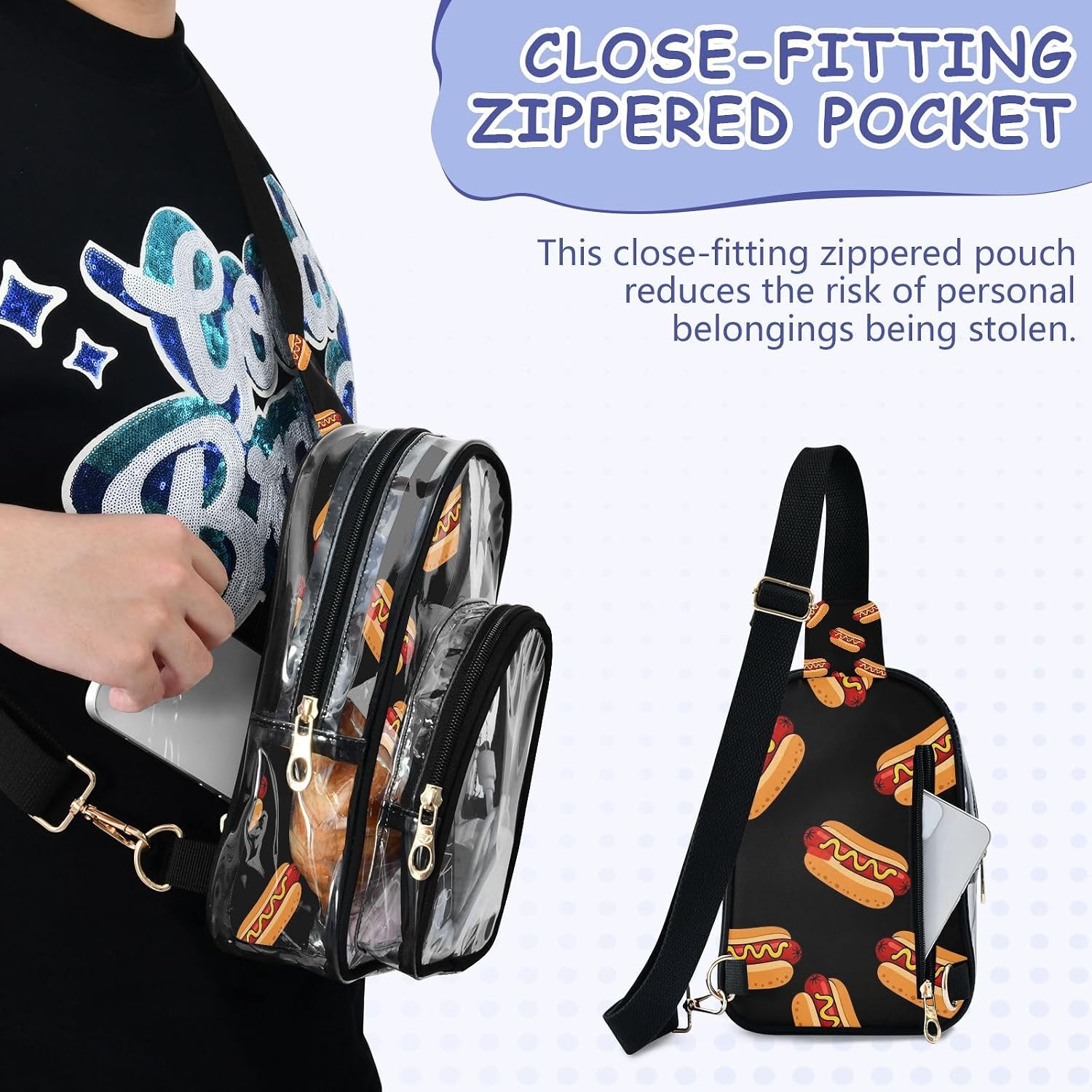 Sinestour Hotdog Black pattern Clear Crossbody Bag Stadium Approved, Small Clear Purse for Women, Transparent See Through Sling Backpack for Concerts Sports Events Travel