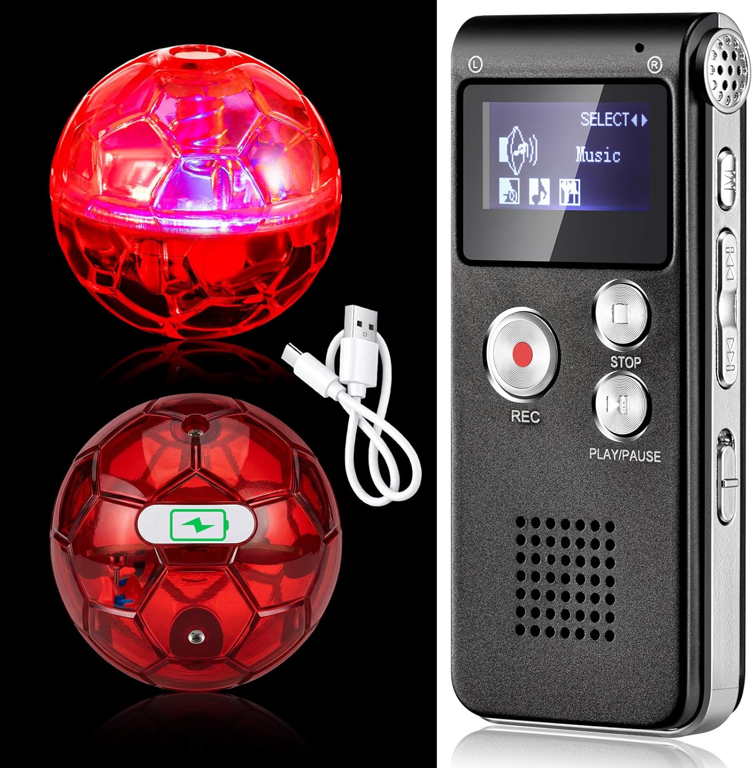 Dunzy 3 Pcs Ghost Hunting Equipment Kit, 1 EVP Recorder and 2 Rechargeable Light up Cat Balls, Motion Activated Glow Balls for Paranormal Equipment for Home Office Inspections Gifts