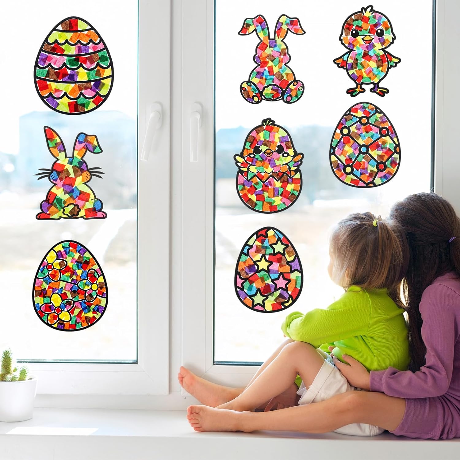 Marspark 32 Sets Easter Suncatcher Craft Kit Precut Paper with 8 Easter Designs: Rabbit, Egg, Chicken Includes 32 Frames, 32 Sheets of Colored Tissue Paper