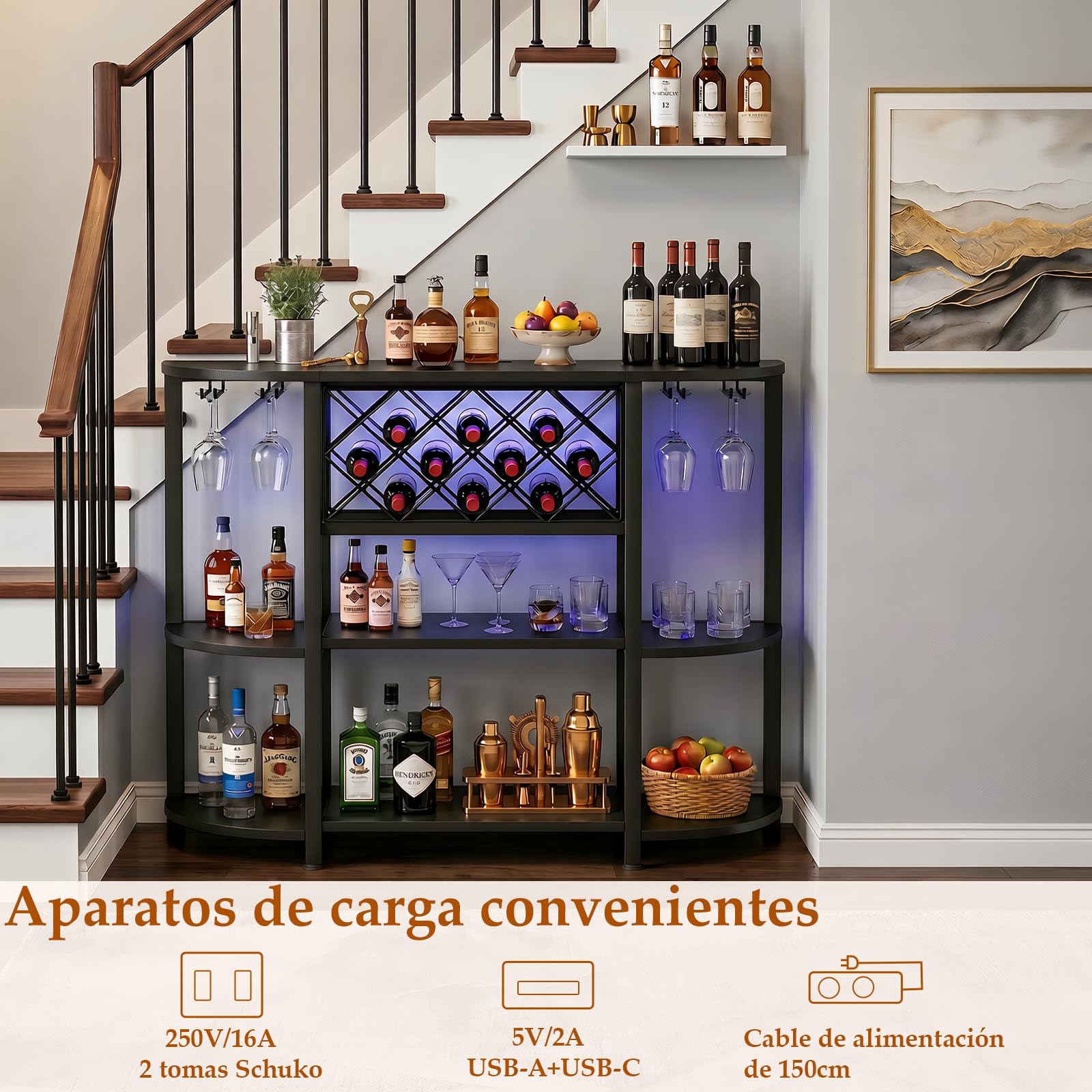 Homieasy Vinoteca Botellero Mueble Bar con LED RGB USB-C Industrial | Madera y Metal, 120 X 40 X 91 Cm, Para Cocina y Salón