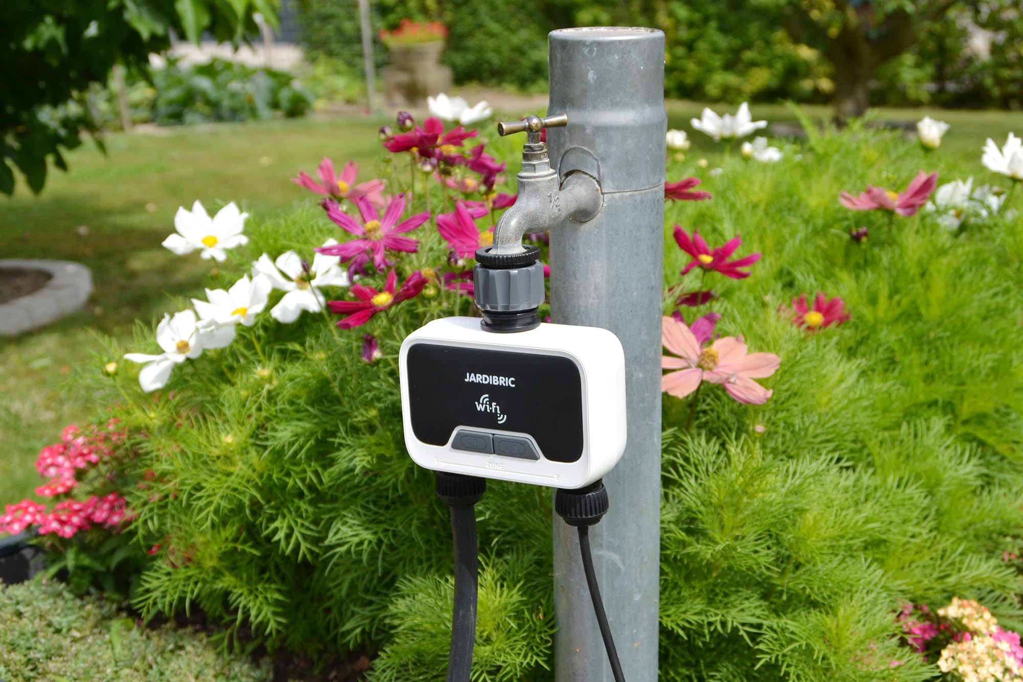Jardibric - Programmatore di irrigazione WiFi con App "Tuya Smart", Controllo remoto e vocale, IP54, Portata 2100 L/h, Pressione 0,5-8 Bar, 2 Vie, Funzione Manuale e Rain Dela
