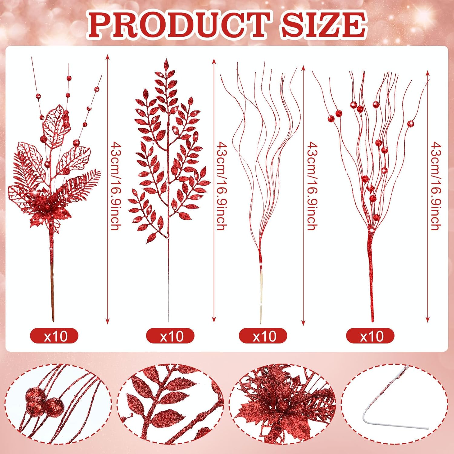 40 Pack Red Christmas Picks and Sprays for Tree 17.5'' Christmas Poinsettia Pick Artificial Glitter Berry Stem Xmas Tree Filler Ornament Branch for DIY Wreath
