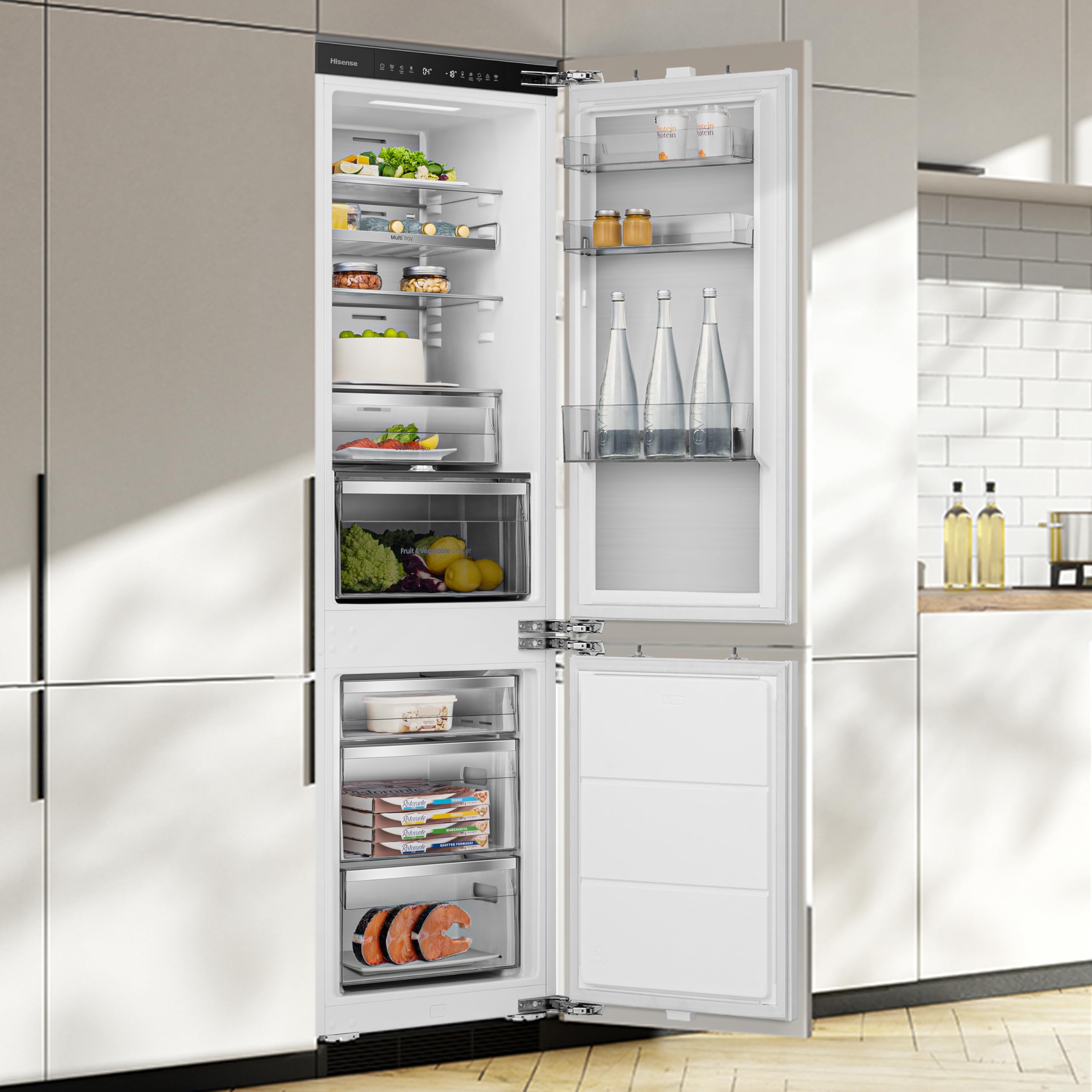 Hisense RB3B250SAWE - Frigoríficos Integrable, Combi, 252L, Class E, Ancho 54cm x Alto 178cm, Cajón Frutas Y Verduras Control De Humedad, Multi Air Flow, Dual Tech Cooling, Motor Inverter