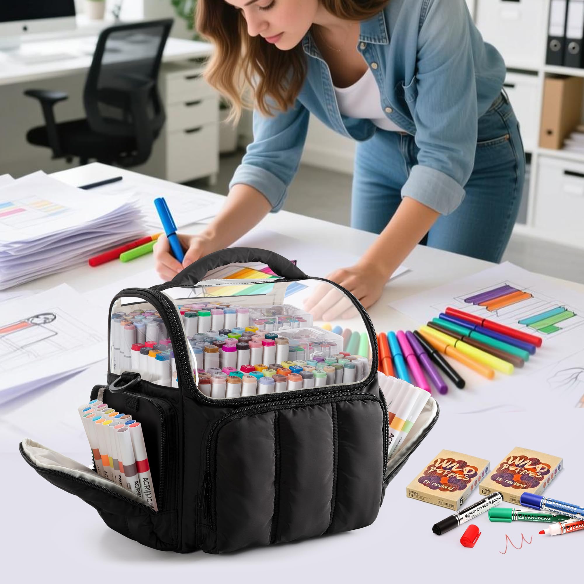 Rexmica Große Aufbewahrungstasche für 210 Marker Stifte, Gepolsterte Marker-Organizer-Tasche mit Schultergurt für Erwachsene, Künstler, Lehrer und Malbegeisterte, Schwarz (Leerer Beutel)