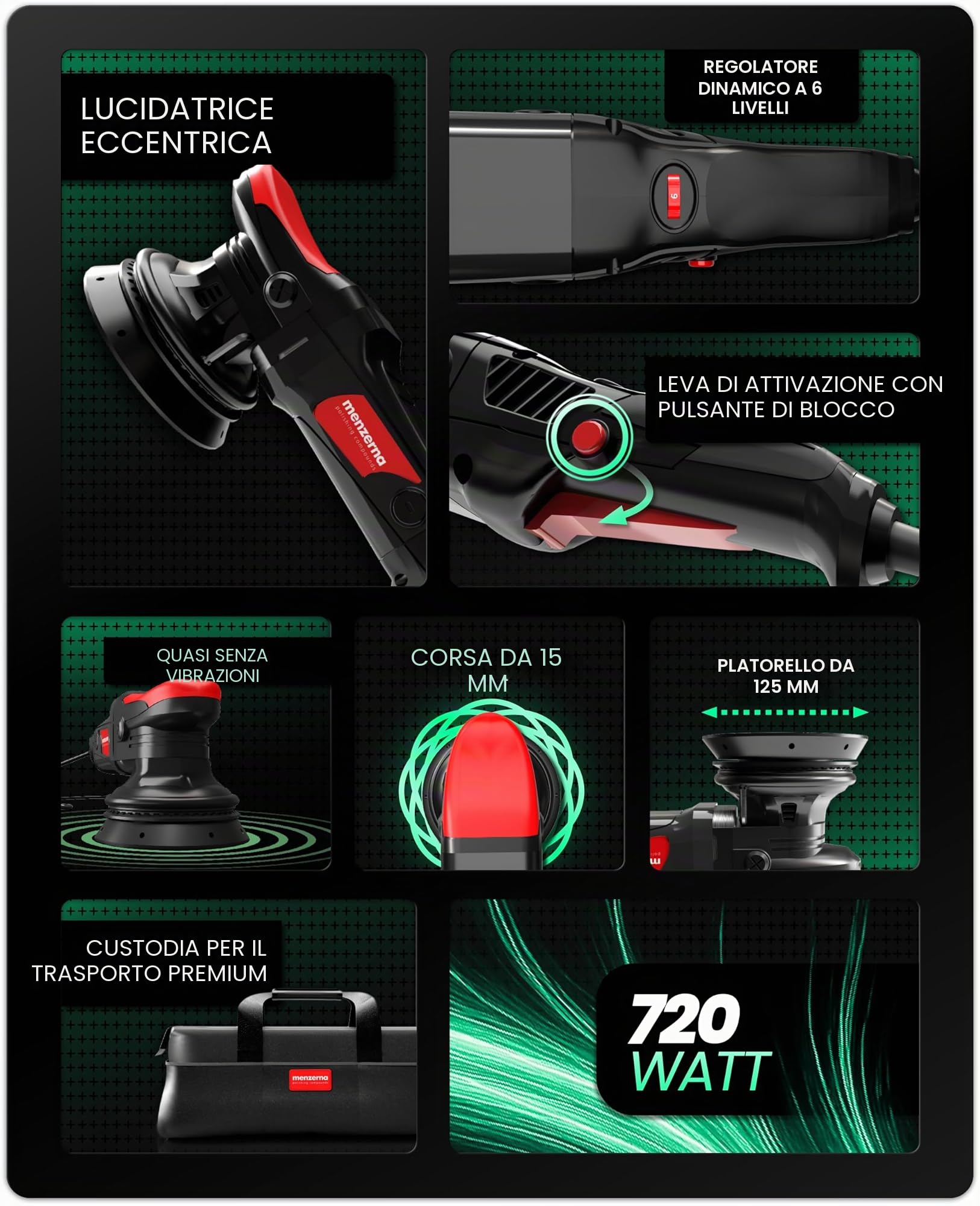 Menzerna Set di lucidatura per auto | Lucidatrice eccentrica MZ-XR con piastra di supporto da 125 mm + 3 x 100ml lucidante + panni per lucidatura + sigillante spray | corsa 15mm 720W