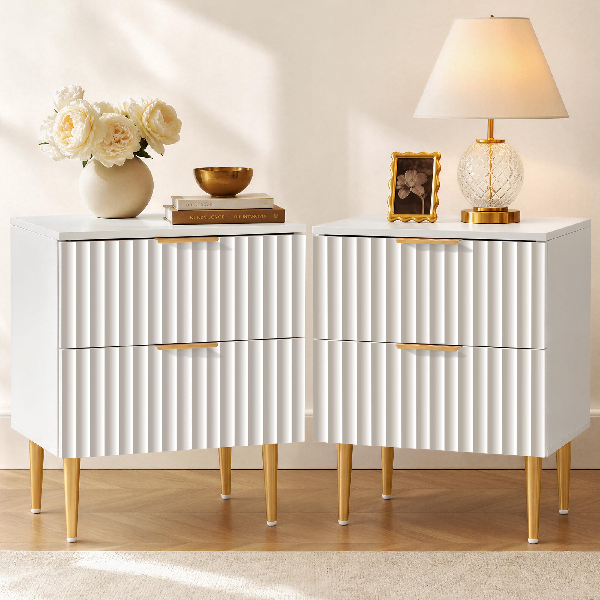 SICOTAS Night Stand Set of 2, Fluted Glossy Nightstands with Drawers