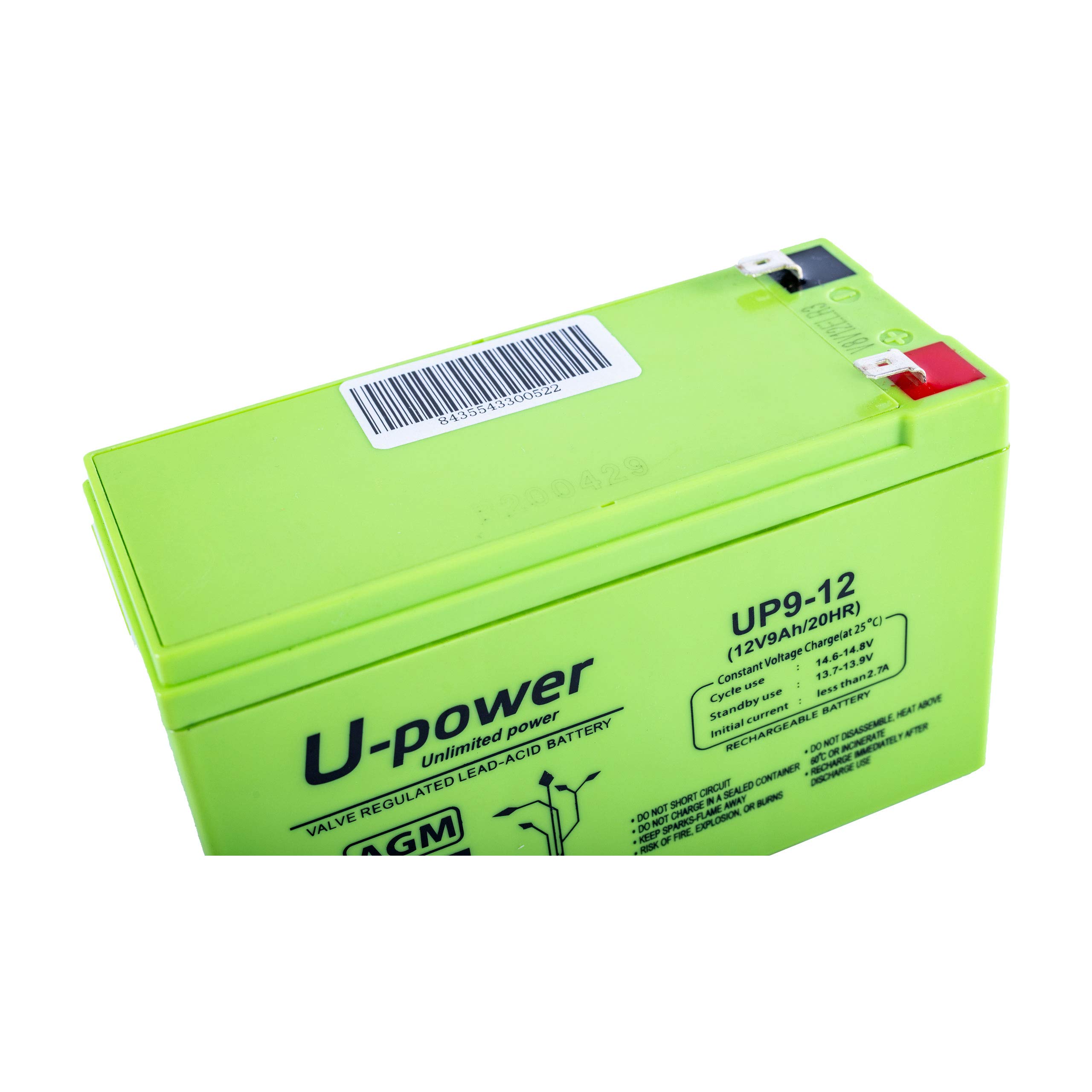 U-Power Batería AGM 12V 9Ah – Sellada Recargable Plomo-Ácido VRLA – para Alarmas, SAI/UPS, Seguridad, Juguetes Eléctricos y Más – Terminal Faston F2 (6.3 mm)