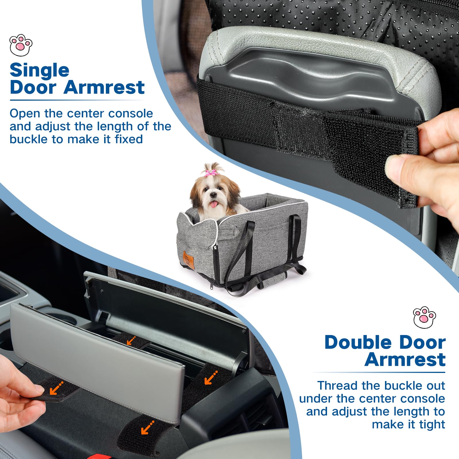Hundeautositz für kleine Hunde bis 5.4kg | Universal Mittelkonsole Auto-Sitz | Abnehmbar waschbar | Reisesicherheit Haustiersitz