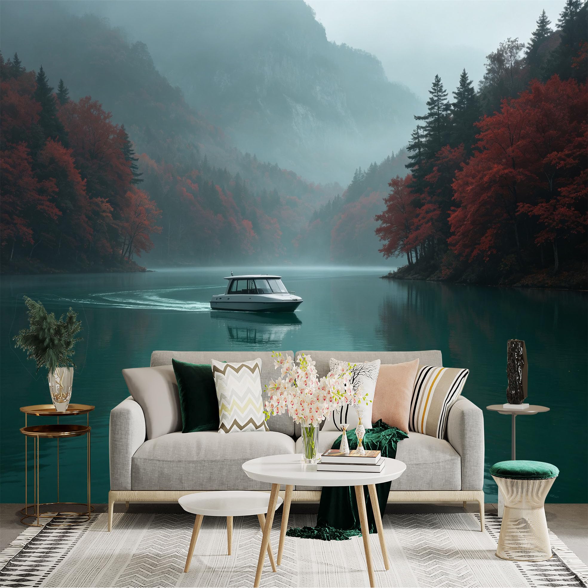 Custom Size Wall Sticker Mural， Modern Motorboat on Calm Lake， Misty Mountains and Red Autumn Forest Scenery， for wall Decoration， peelandstick wall Decals.