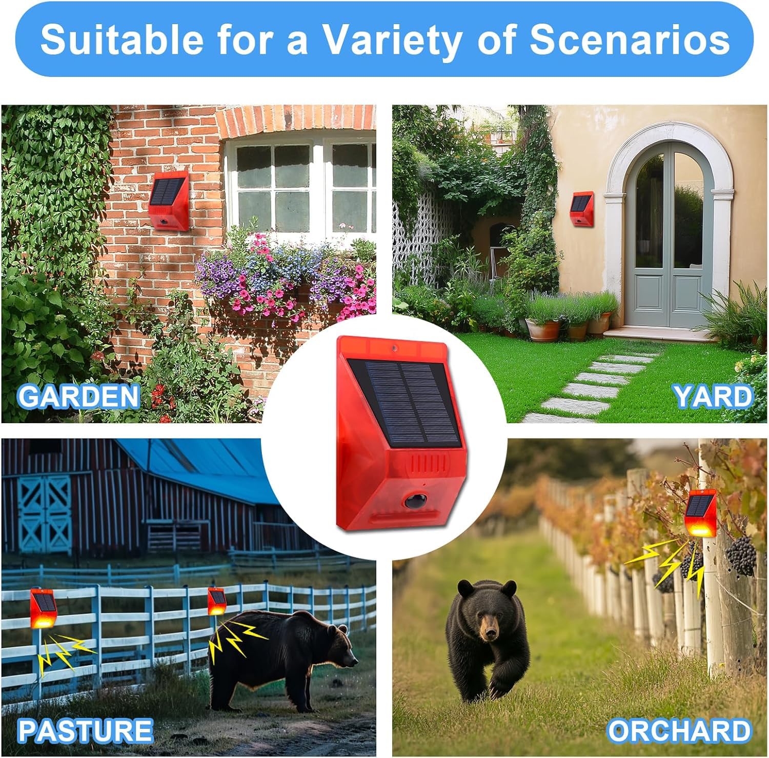 ChunHee Lot de 4 détecteurs de mouvement solaires d'extérieur - 129 dB - Sirène de sécurité sonore puissante IP65 - Étanche - Protégé pour jardin, ferme, jardin, poulailler
