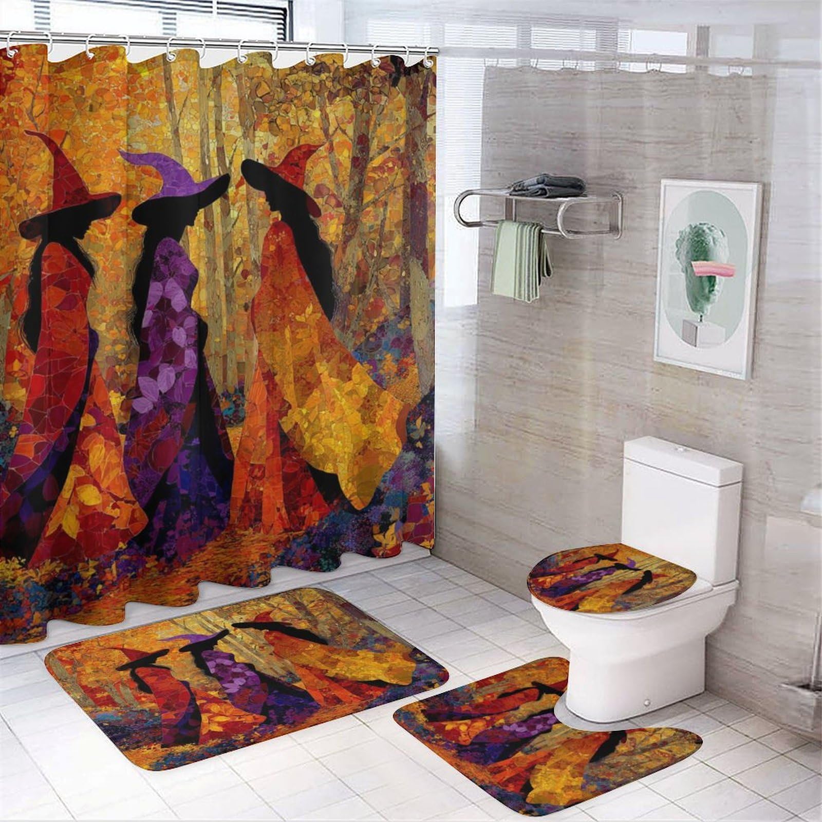 Cortina de ducha de bruja premium de 182 cm con juego de alfombras de baño texturizadas