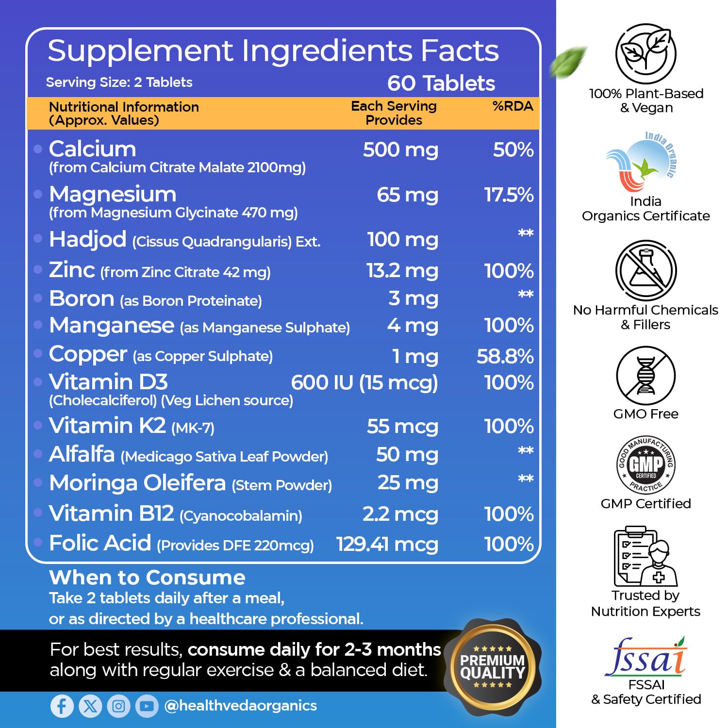 Health Veda Organics Calcium Magnesium Zinc with Vitamin D3, K2 MK7 & B12 | With Cissus Quadrangularis | Supports Strong Bones & Joint Health | 1000mg | 60 Veg Tablets | For Men & Women — Amazon image 2
