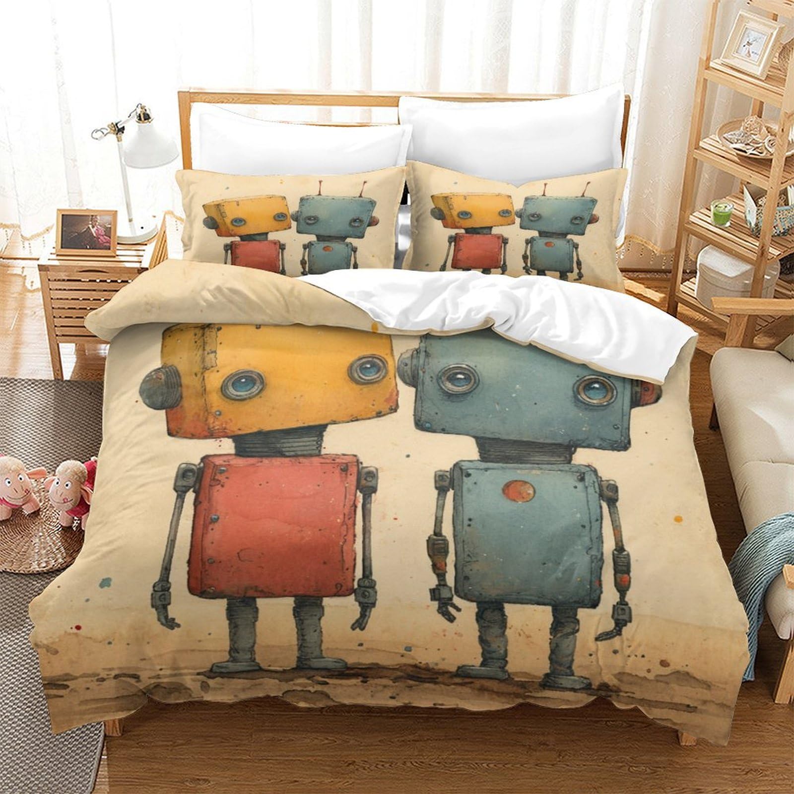 P1S9U7W5Y Cute Robot 3D Printed Duvet Cover Set 3pcs Microfiber Vintage Robot Bedding Set Super king（260x220cm）