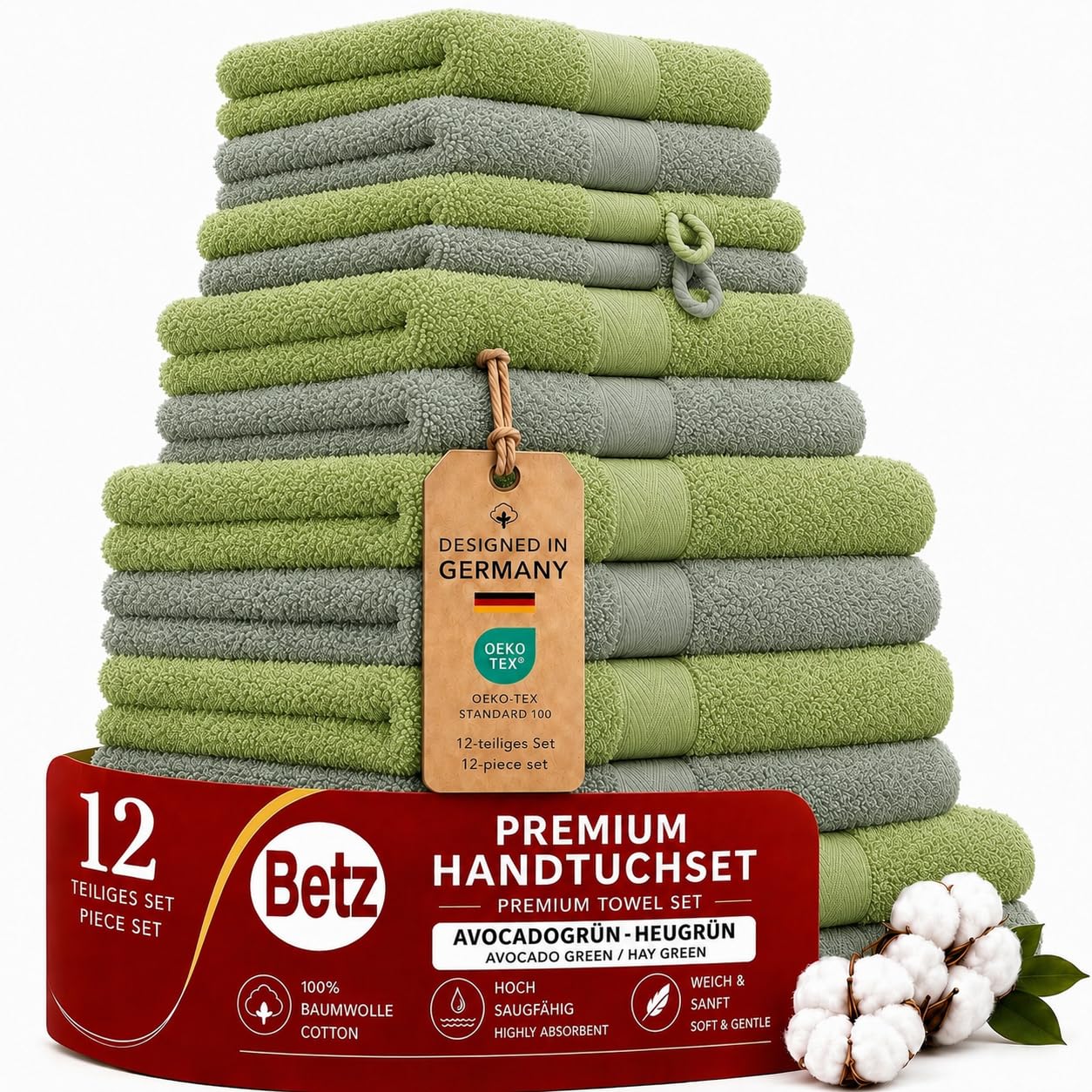 Betz 12-częściowy zestaw ręczników premium 100% bawełna 2 ręczniki kąpielowe 4 ręczniki do rąk 2 ręczniki dla gości 2 ręczniki do rąk 2 rękawice do mycia kolor dzisiejszy zielony/awokadogram
