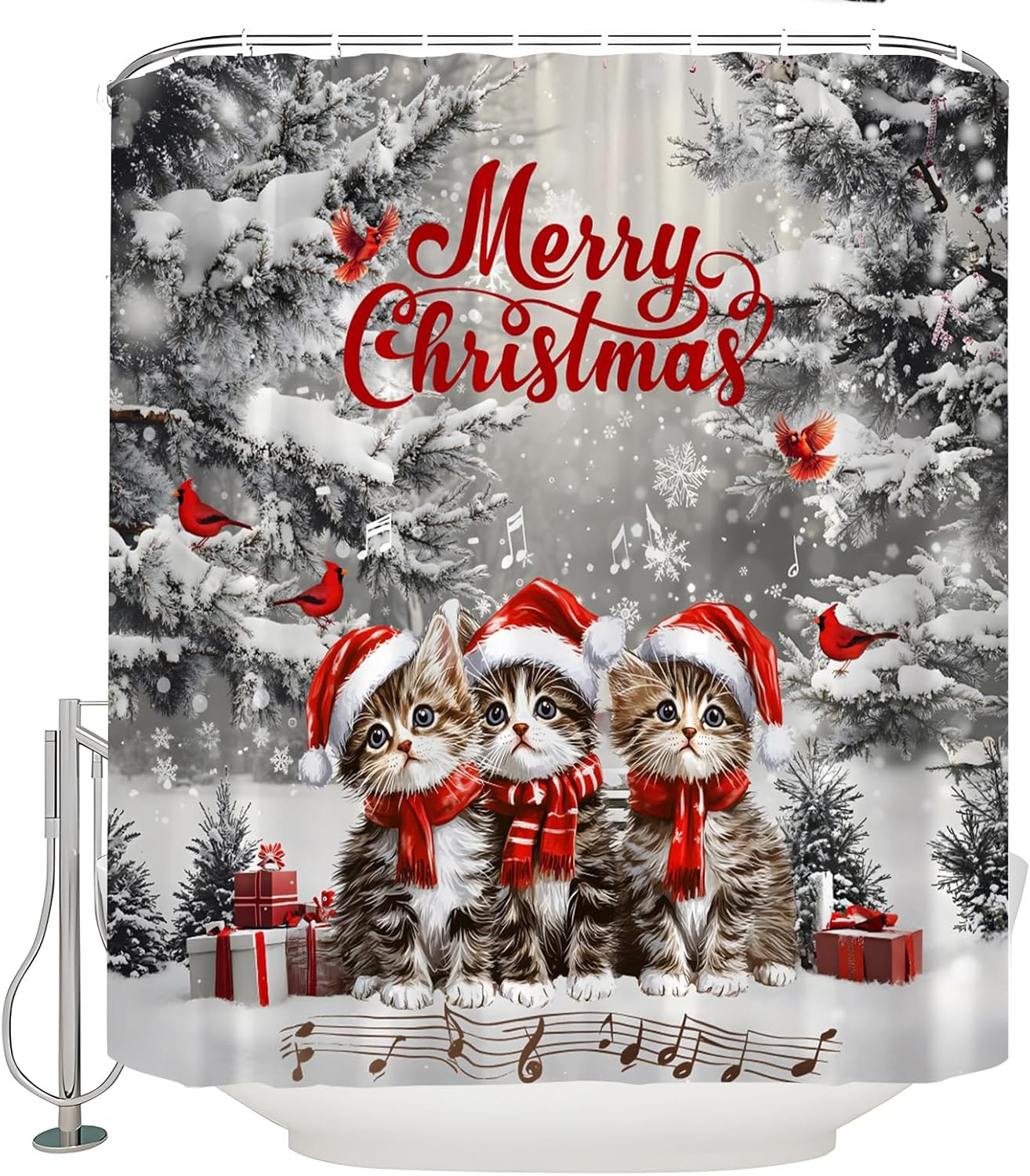 Winter Christmas Cat Shower Curtain Cute Cat Snowflake Scene Pine Tree Covered Snow Farmhouse Xmas Holiday Happy New Year Fabric Bathroom Curtain with Hook