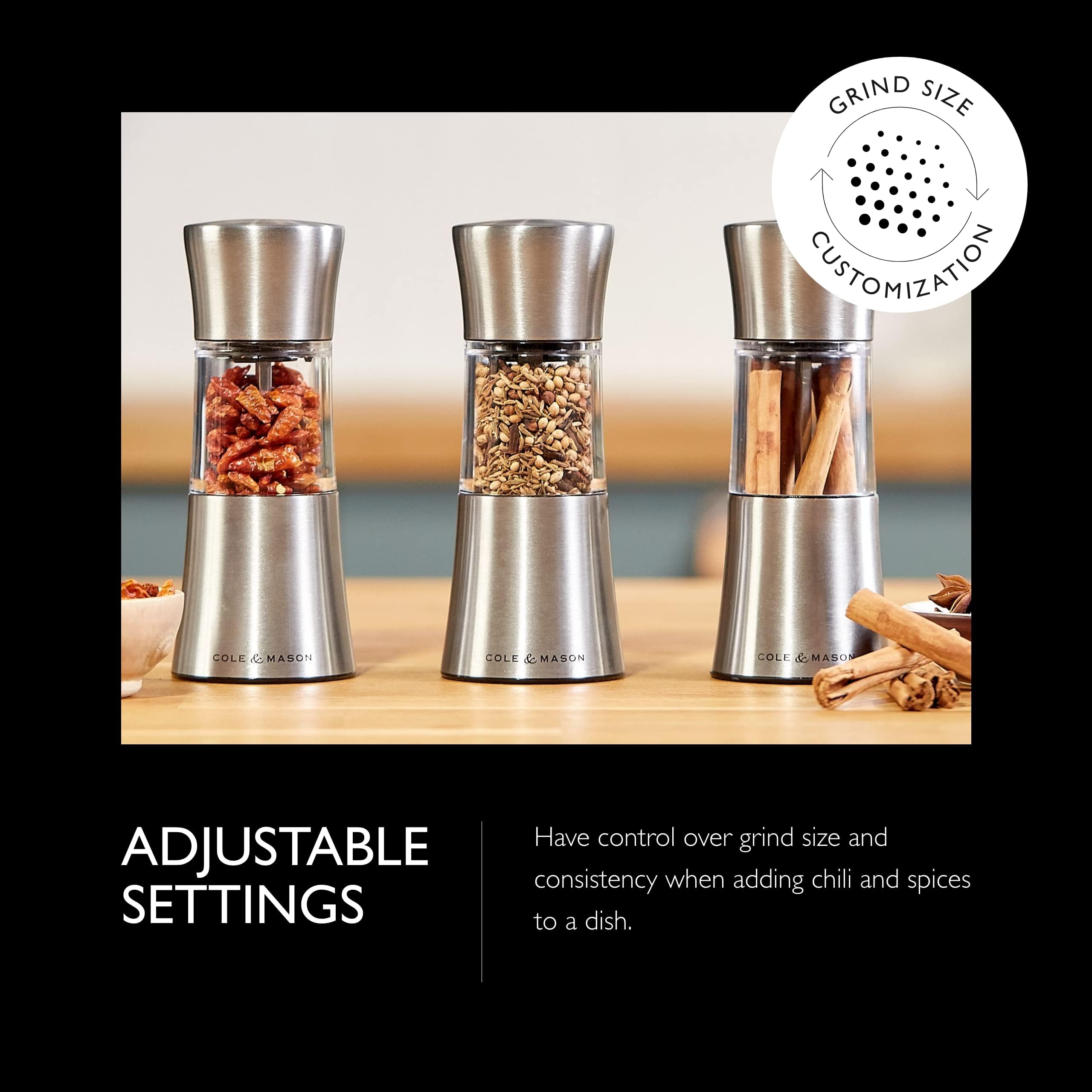 Cole & Mason H122220 Stadhampton Molinillo de Chiles y Especias, Molienda Ajustable, Acero Inossidabile/Acrilico, 165mm, Especias No Incluidas, Incluye 1 x Molino