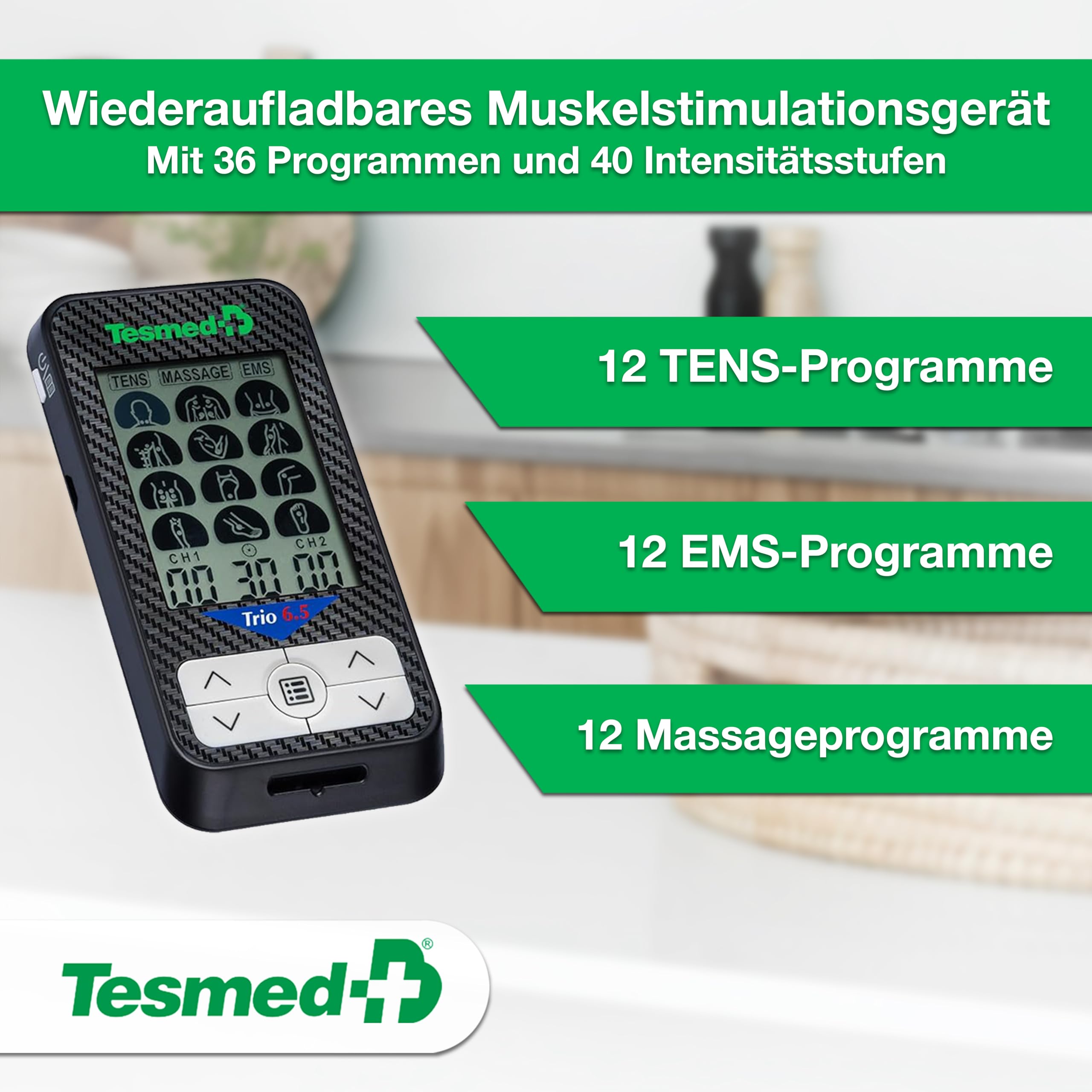 TESMED Trio 6.5: Wiederaufladbarer Muskel-Elektrostimulator per USB - 36 Programme, 40 Intensitätsstufen, 4 Elektroden - EMS, TENS und Massage - Ideal für Fitness und Schmerztherapie