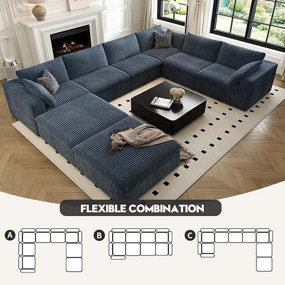 157.5 Cloud Couch Oversized Modular Sectional Sofa for Living Room,Modern Sofa with Deep Seat,8 Seater Boneless Couch with 2 Ottoman,Comfy Upholstered Couches for Apartment, Studio, Office,Blue