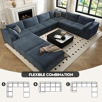 157.5 Cloud Couch Oversized Modular Sectional Sofa for Living Room,Modern Sofa with Deep Seat,8 Seater Boneless Couch with 2 Ottoman,Comfy Upholstered Couches for Apartment, Studio, Office,Blue