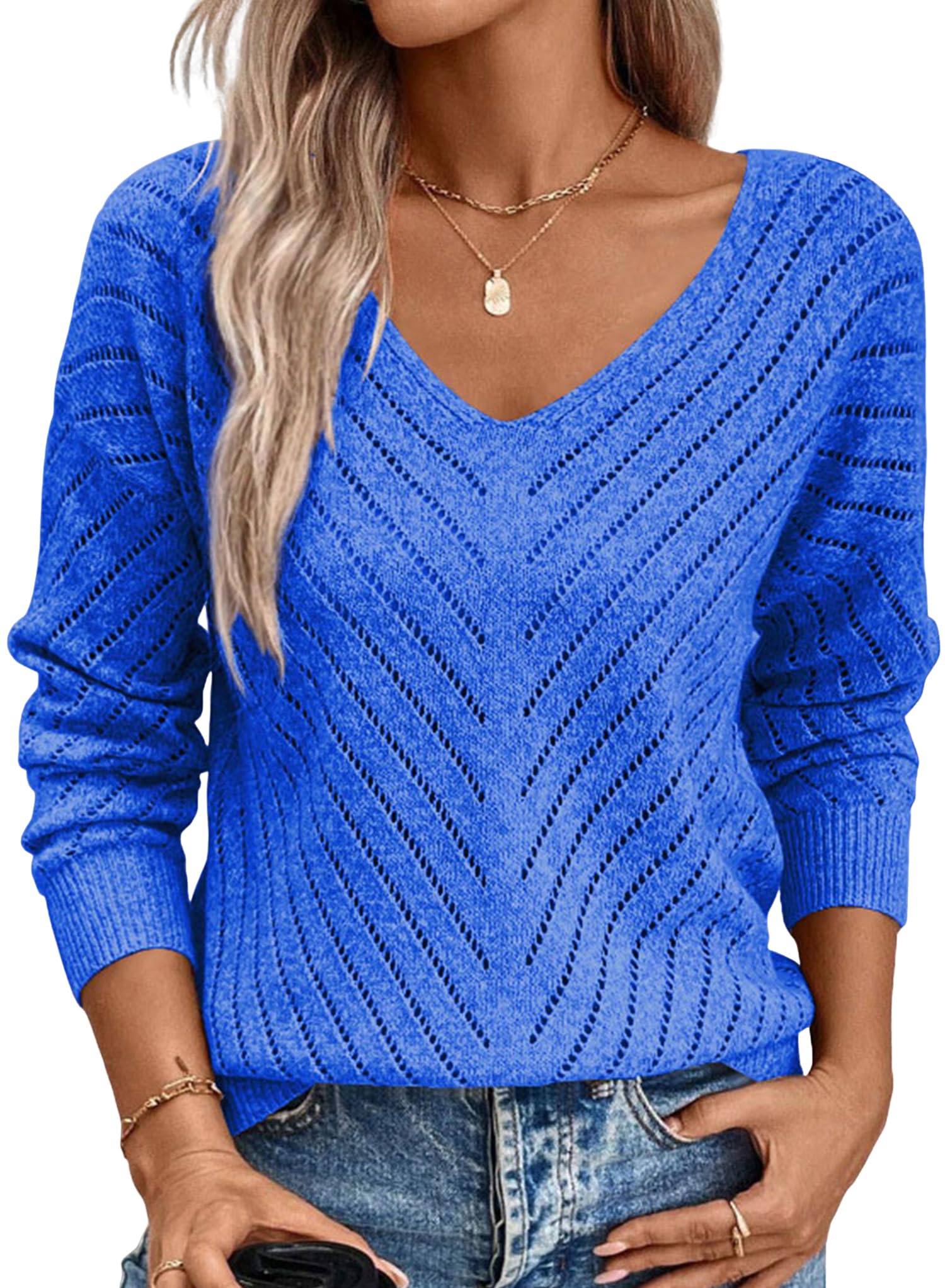 RANPHEE Lightweight Sweaters for Women 2025 Fall Long Sleeve V Neck Hollow Out Crochet Pullover Knit Shirts Daily