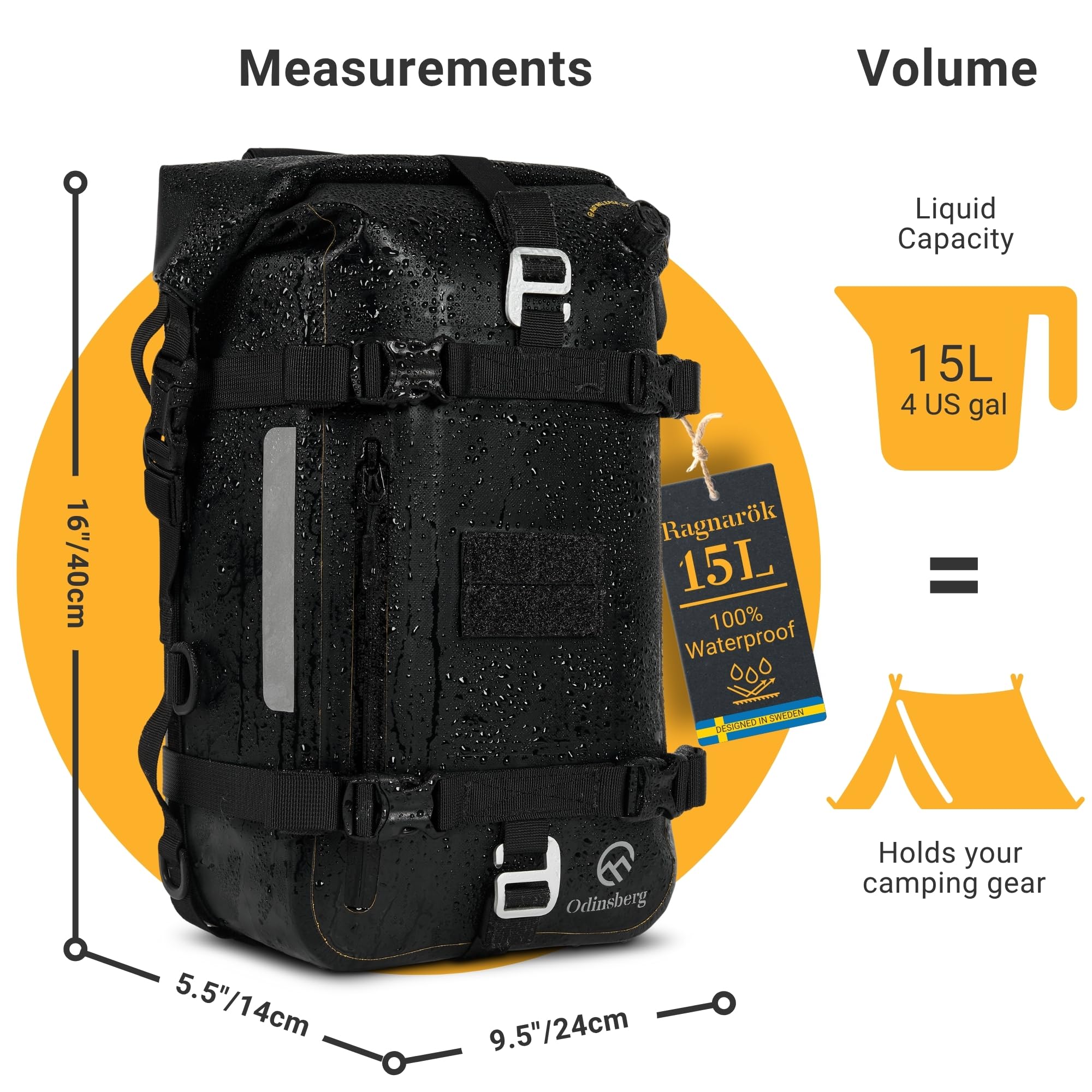 Odinsberg 15L Bolsa Moto Impermeable | Bolsa Estanca Trasera de Colín para Asiento, Barras de Choque y Defensas Laterales | Mochila y Alforja Moto Trail Enduro para Viajes, Equipaje y Aventura