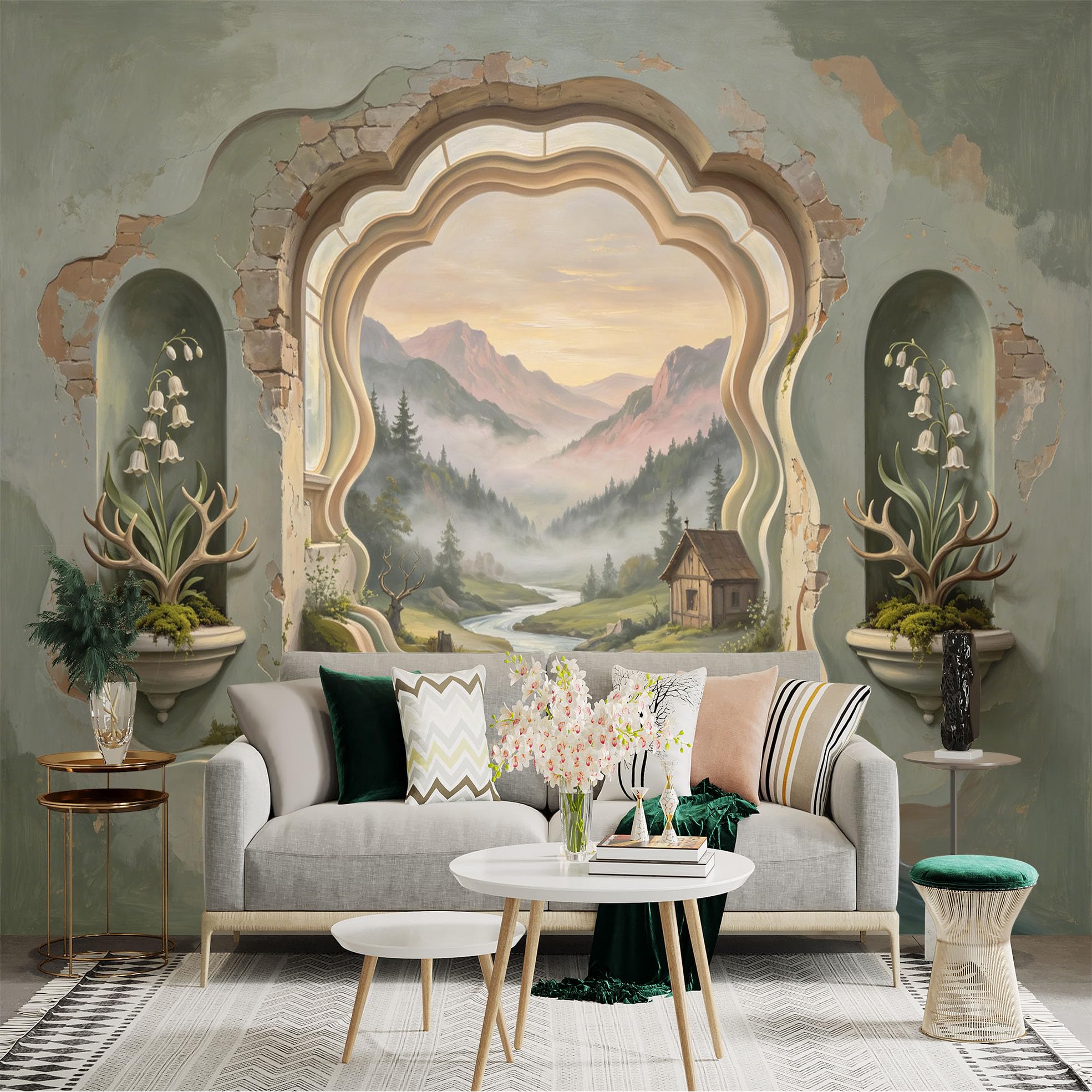 Custom Size Wall Sticker Mural， Fantasy Mountain Valley with River， Cottage and Deer Antlers， for wall Decoration， peelandstick wall Decals.