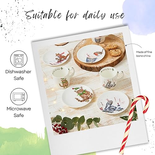 Miniatura 7 de Royal Worcester Wrendale Designs Holiday - Plato cupé de 6.5 pulgadas (juego de 4)  Motivos de perezoso, Robin, zorro y gato  Apto para microondas,