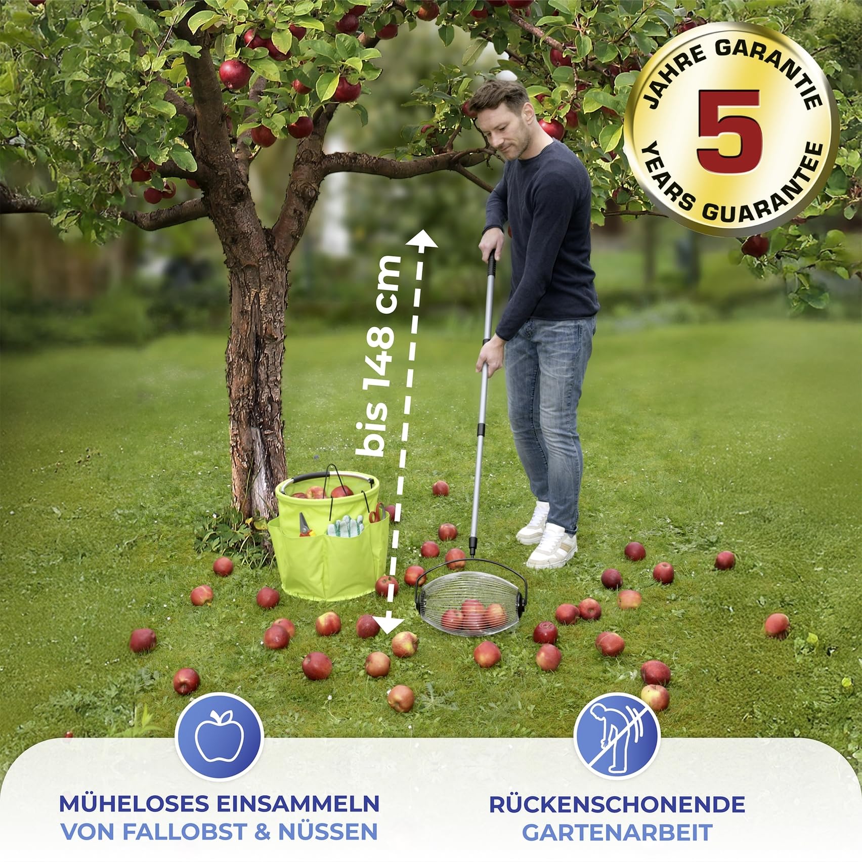 Maximex Gartengerät Rollsammler mit Teleskopstiel für effiziente Obstsammlung aus Edelstahl für Garten Schwarz Silber Grau 34 x 83-148 x 18.5 cm