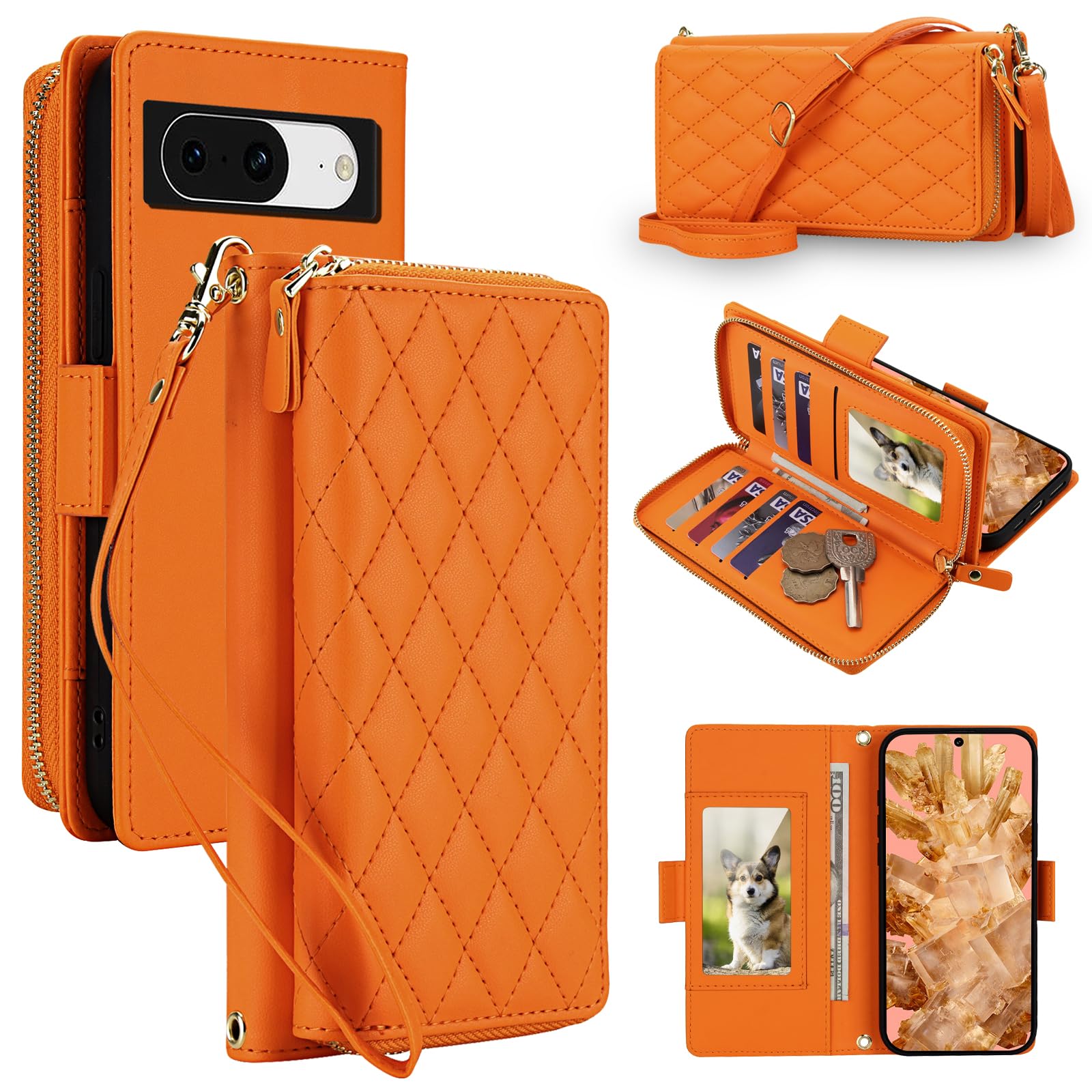 Étui Pixel 8 chic en cuir orange avec protection RFID et dragonne - 8